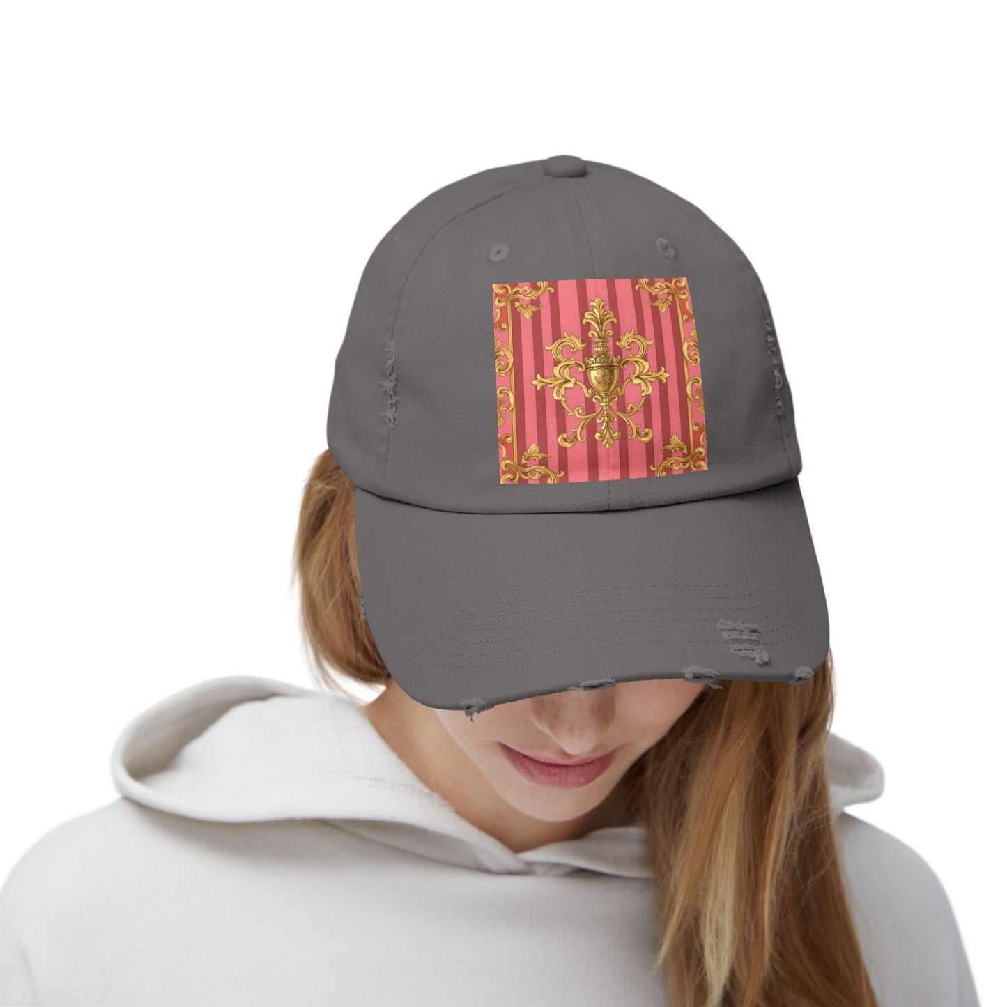 Chic Distressed Unisex Cap - Trendy Accessories for Style Lovers, Everyday Wear, Fashion Statement, Birthday Gift - Pink Striped Gold Baroque