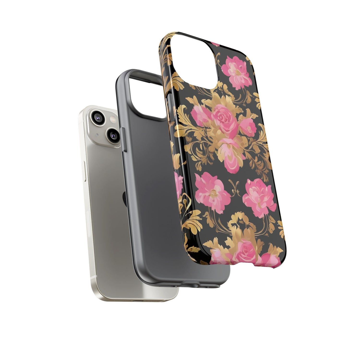 Elegant Floral Motif Phone Case - Tough Cases with Vintage Design - Pink & Gold Roses