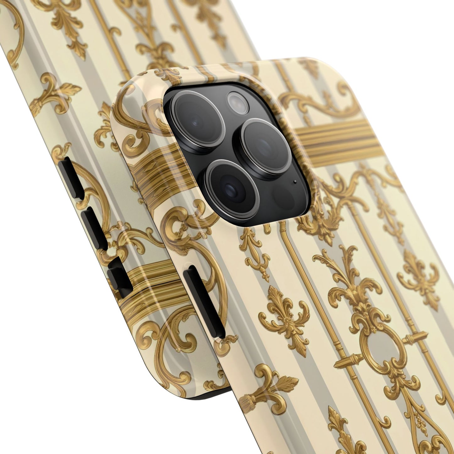 Elegant Gold Pattern Tough Phone Cases | Stylish Phone Covers, Trendy Cell Phone Accessories - Matte Gray & Cream Striped Gold Baroque