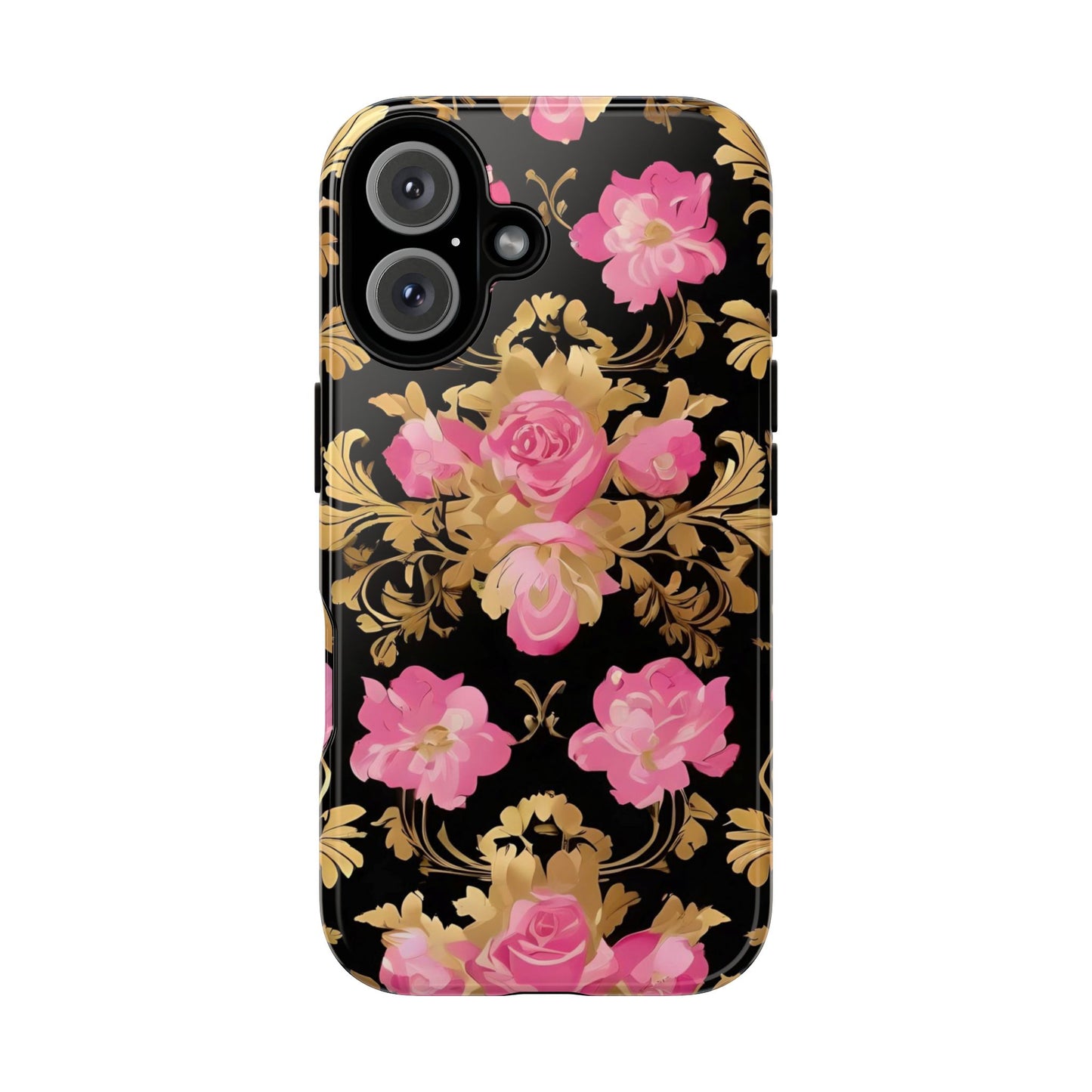 Elegant Floral Motif Phone Case - Tough Cases with Vintage Design - Pink & Gold Roses