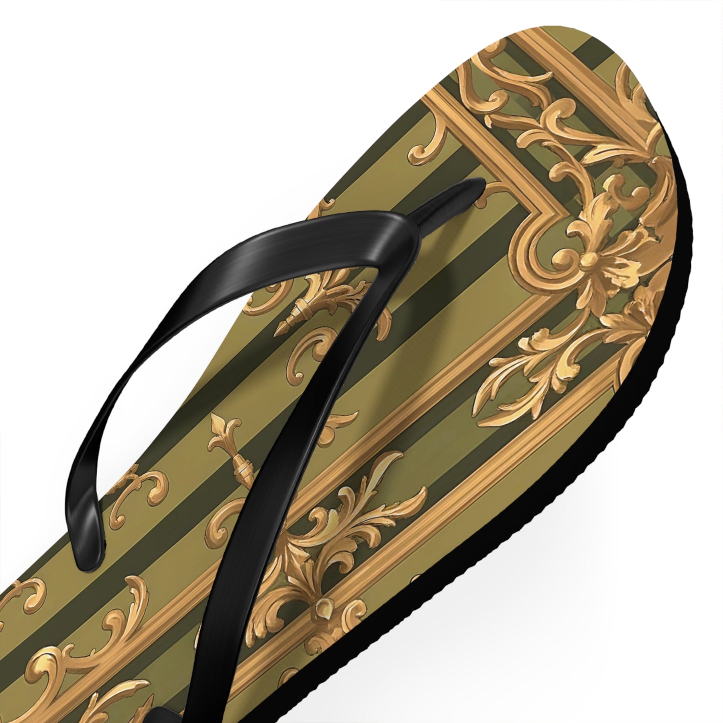Elegant Floral Flip Flops, Summer Sandals, Beach Footwear, Vacation Essentials, Gift for Her, Outdoor Adventures - Olive Green Striped Rococo