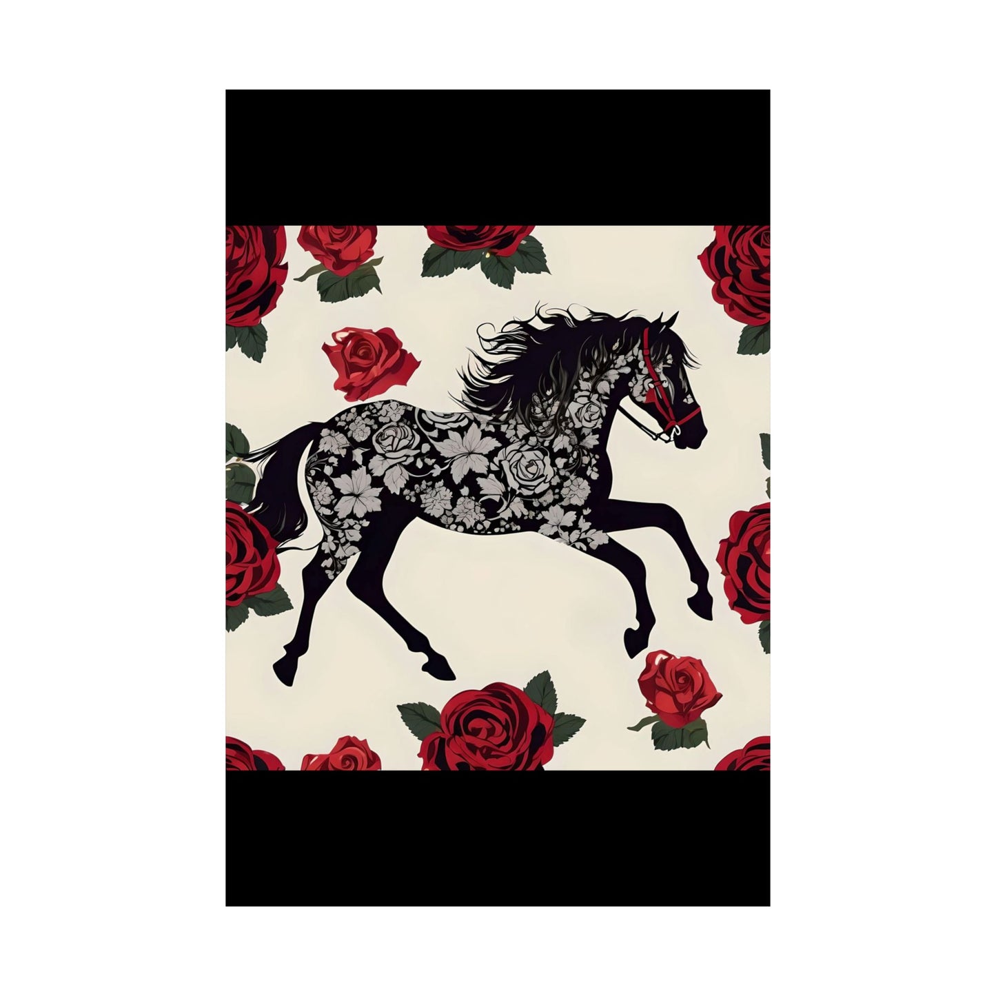 Floral Motif Art Poster - Elegant Matte Vertical Wall Decor - Horse & Roses