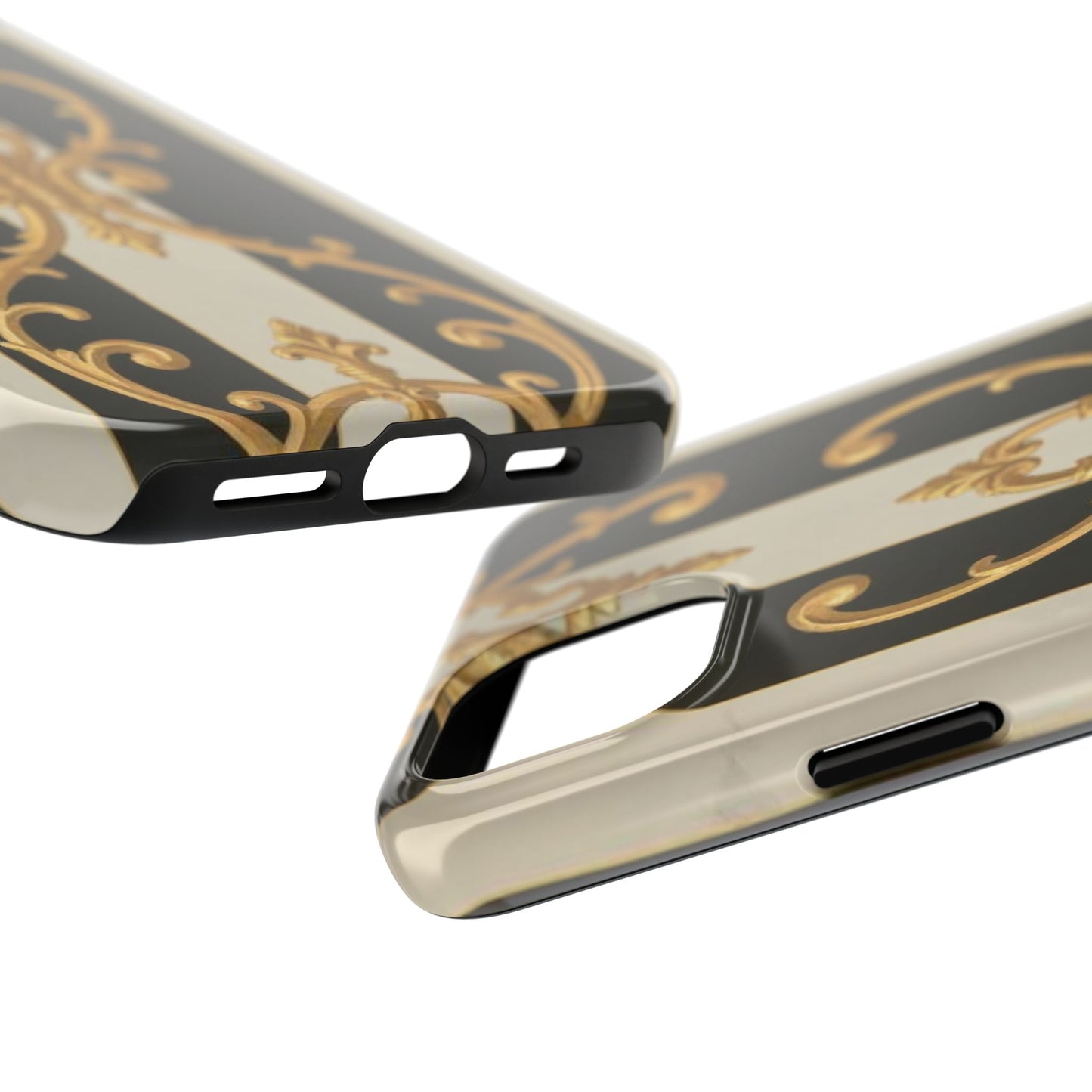 Elegant Black & Alabaster Striped Baroque Tough Phone Cases - Chic Protection, Black Gold Decor, Stylish Accessory, Gift for Her, Trendy Tech