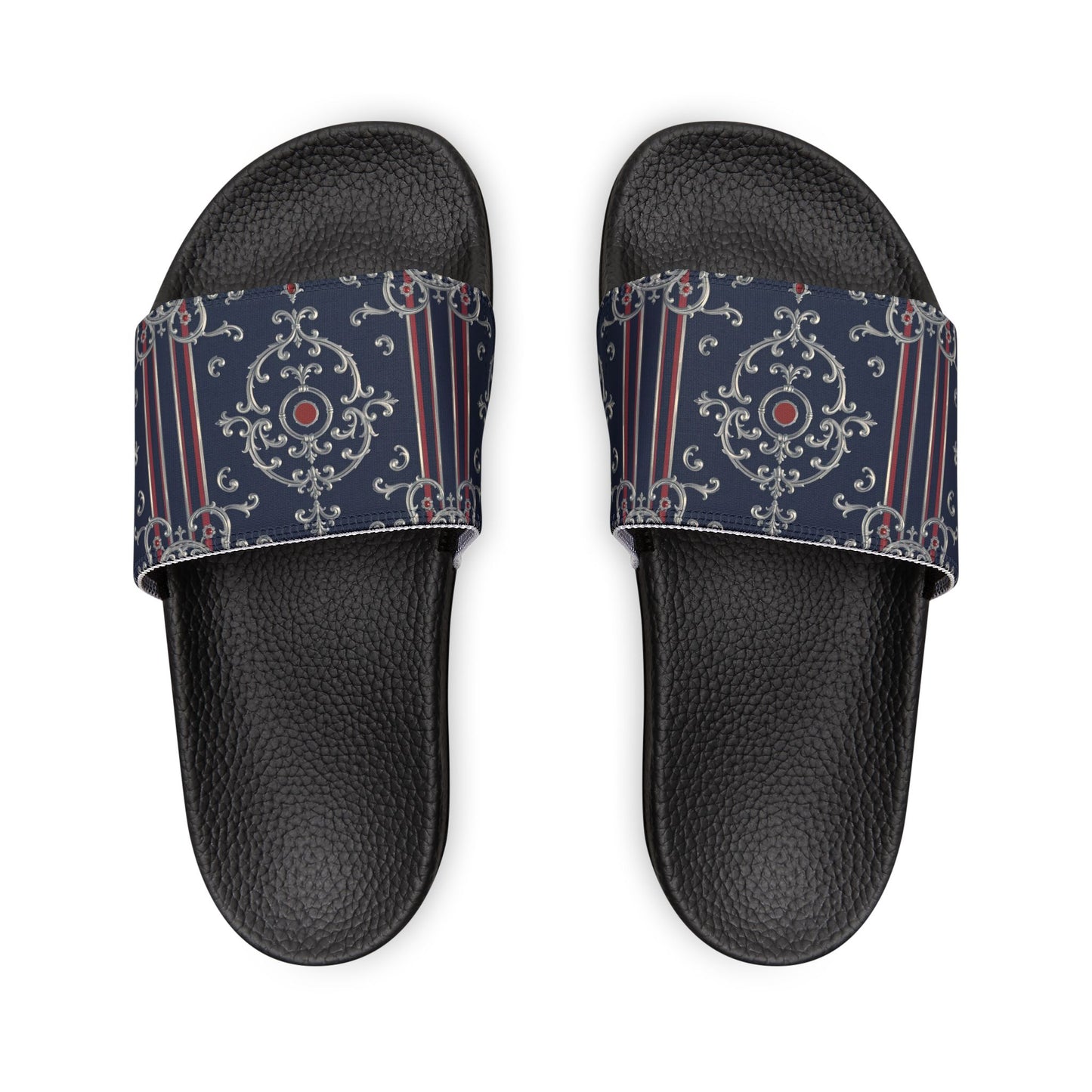 Stylish Women's Removable-Strap Sandals, Summer Footwear, Beach Slides, Casual Open-Toe Shoes - Blue & Red Striped Silver Baroque