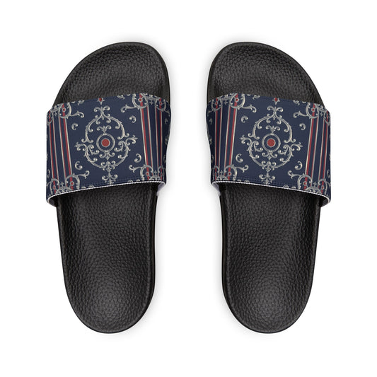 Stylish Women's Removable-Strap Sandals, Summer Footwear, Beach Slides, Casual Open-Toe Shoes - Blue & Red Striped Silver Baroque