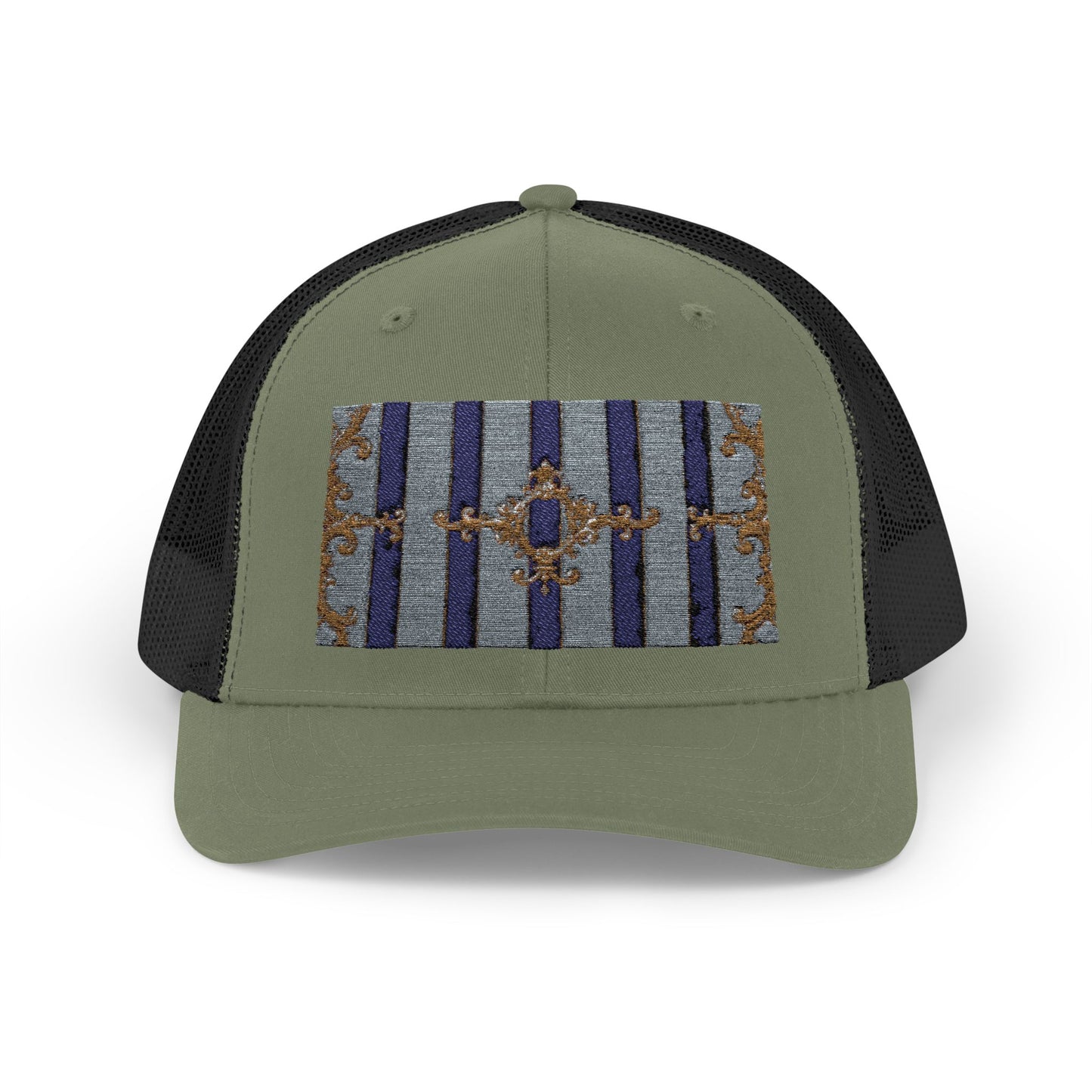 Stylish Snapback Trucker Cap with Vibrant Pattern, Trendy Hat for Outdoor Adventures, Casual Wear - Striped Gold Baroque
