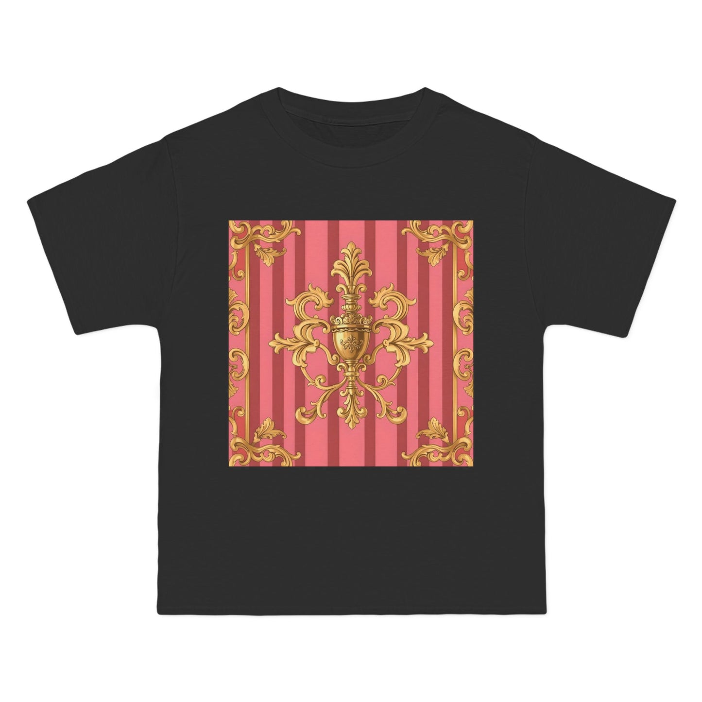 Chic Vintage Style Short-Sleeve T-Shirt - Elegant Baroque Design | Fashion Top, Gift for Her, Casual Wear - Pink Striped Gold Baroque
