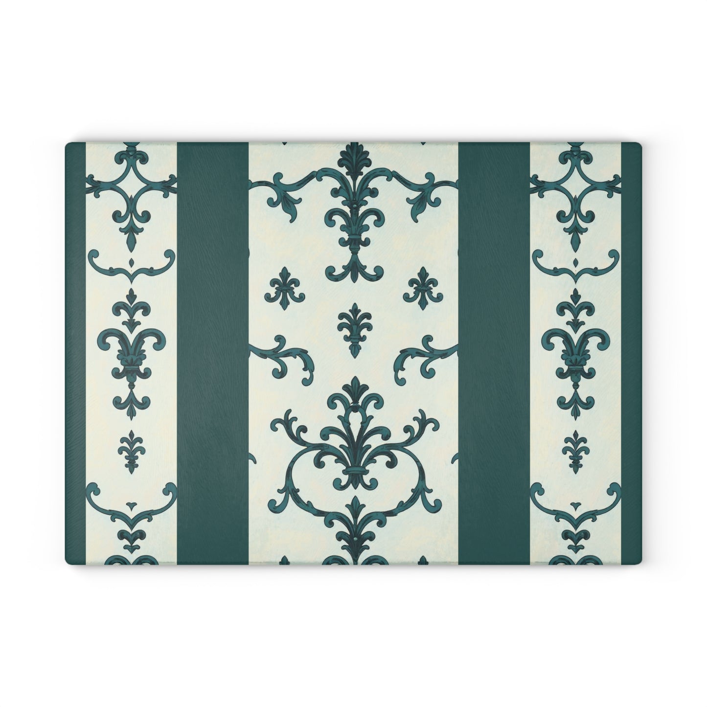 Elegant Glass Cutting Board - Kitchen Decor, Gift for Chefs, Wedding Gift, Home Cooking, Housewarming - Teal Striped Rococo