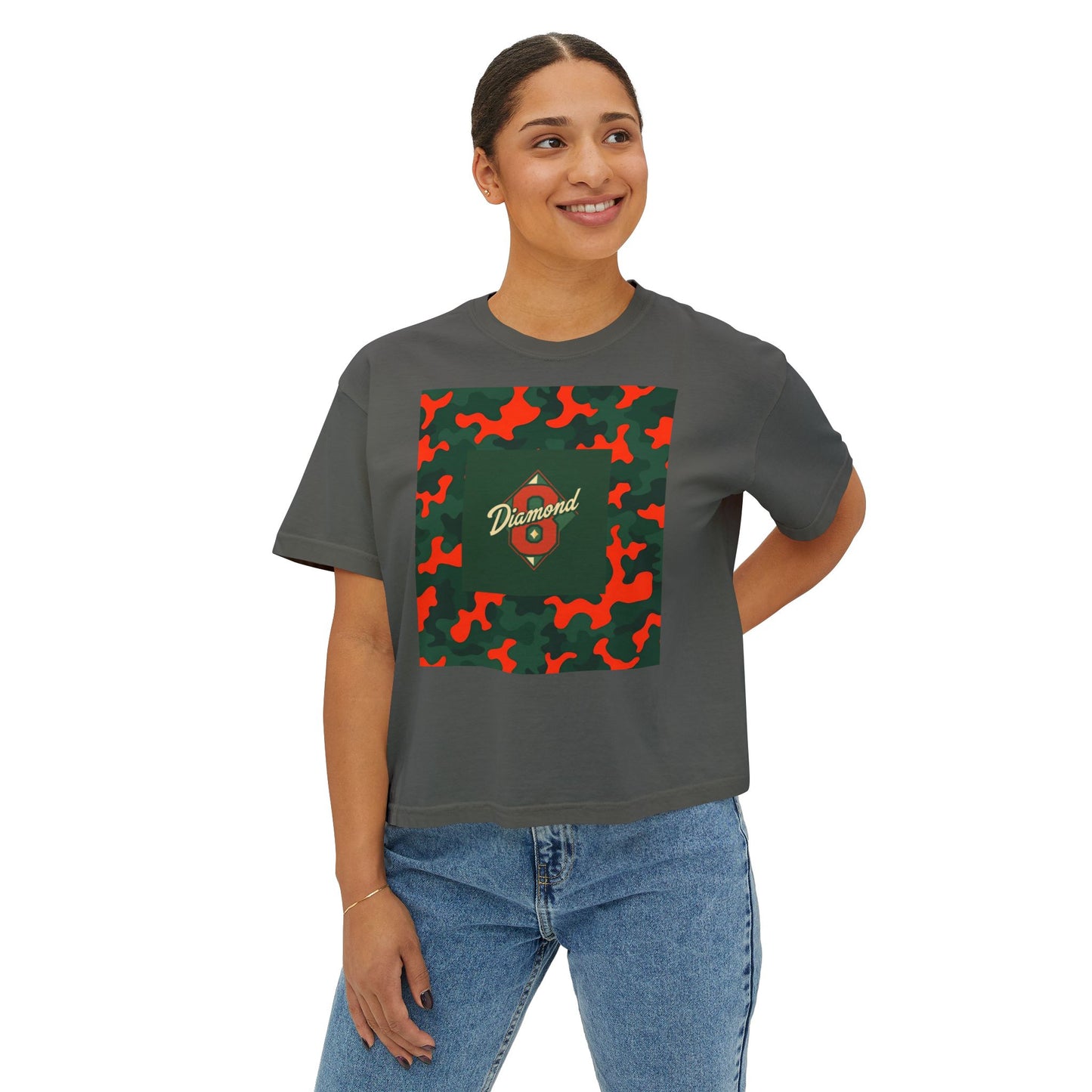 Stylish Women's Boxy Tee - Trendy Camo Print, Casual Summer Wear, Gift for Her, Streetwear Top - Green & Orange Camo Diamond 8