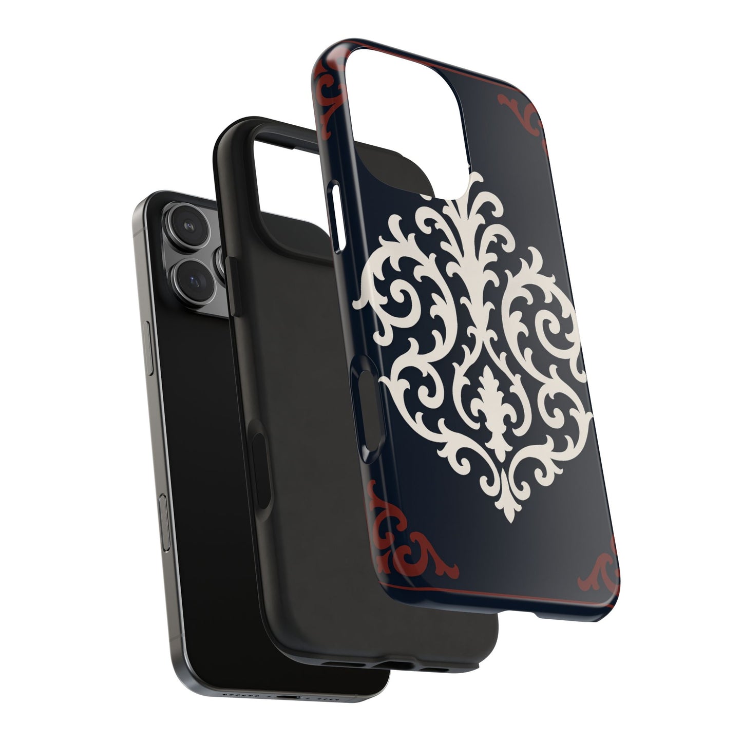 Dusk Blue-Maroon & White Baroque Tough Phone Case — Vintage Scroll Design