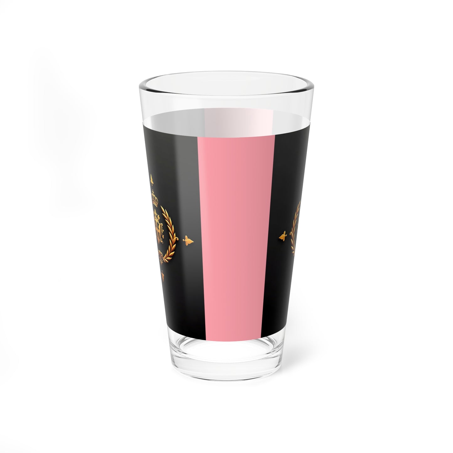 Stylish Mixing Glass, 16oz Cocktail Glass, Barware Gift, Home Bar Decor, Elegant Drinkware for Parties, Unique Mixology Tool - Pink Striped Gold Crest