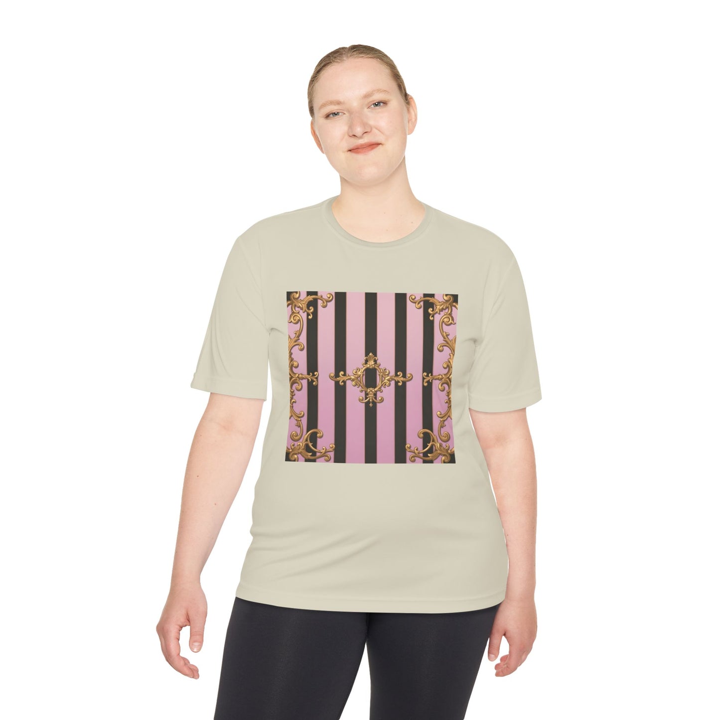 Elegant Striped Unisex Moisture Wicking Tee, Stylish Workout T-Shirt, Fashionable Athletic Top - Matte Lavender & Black Striped Gold Baroque