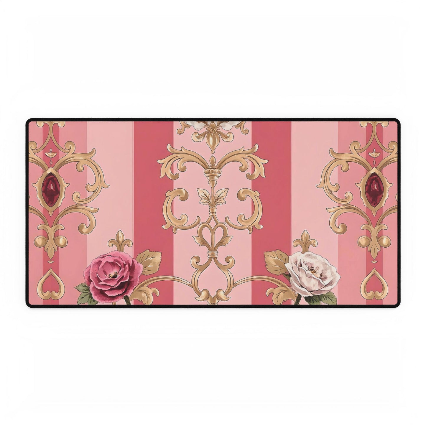 Elegant Floral Motif Desk Mat for Home Office Decor - Pink Striped Roses & Damask