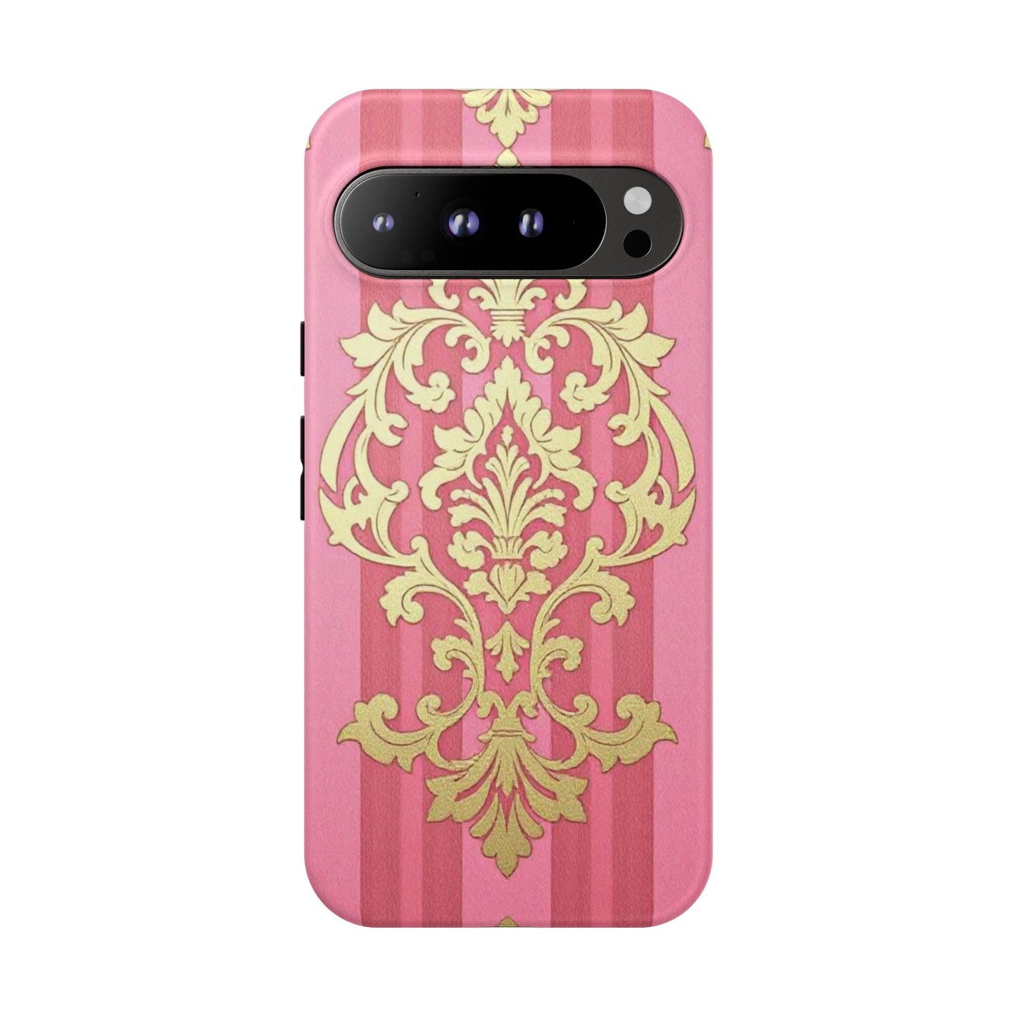 Elegant Floral Motif Phone Case - Tough Cases with Vintage Design - Pink Striped Damask