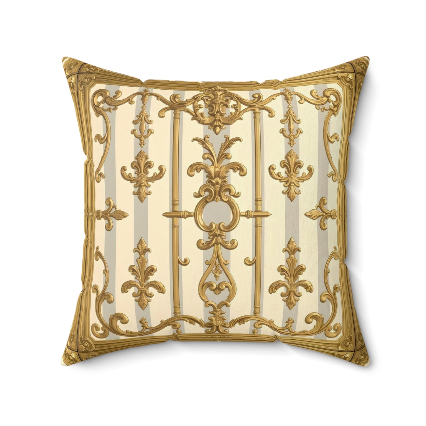 Elegant Decorative Pillow - Matte Gray & Cream Striped Gold Baroque
