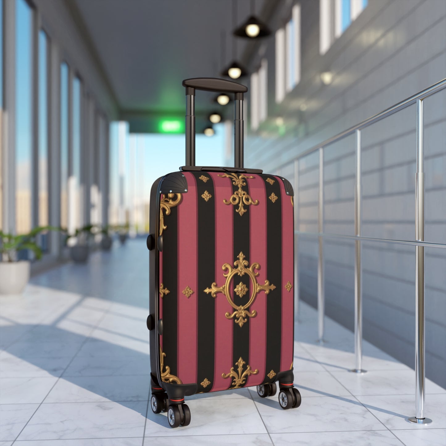Elegant Black & Mauve Striped Gold Baroque Suitcase, Travel Luggage, Designer Carry-On, Stylish Baggage for Fashion Lovers