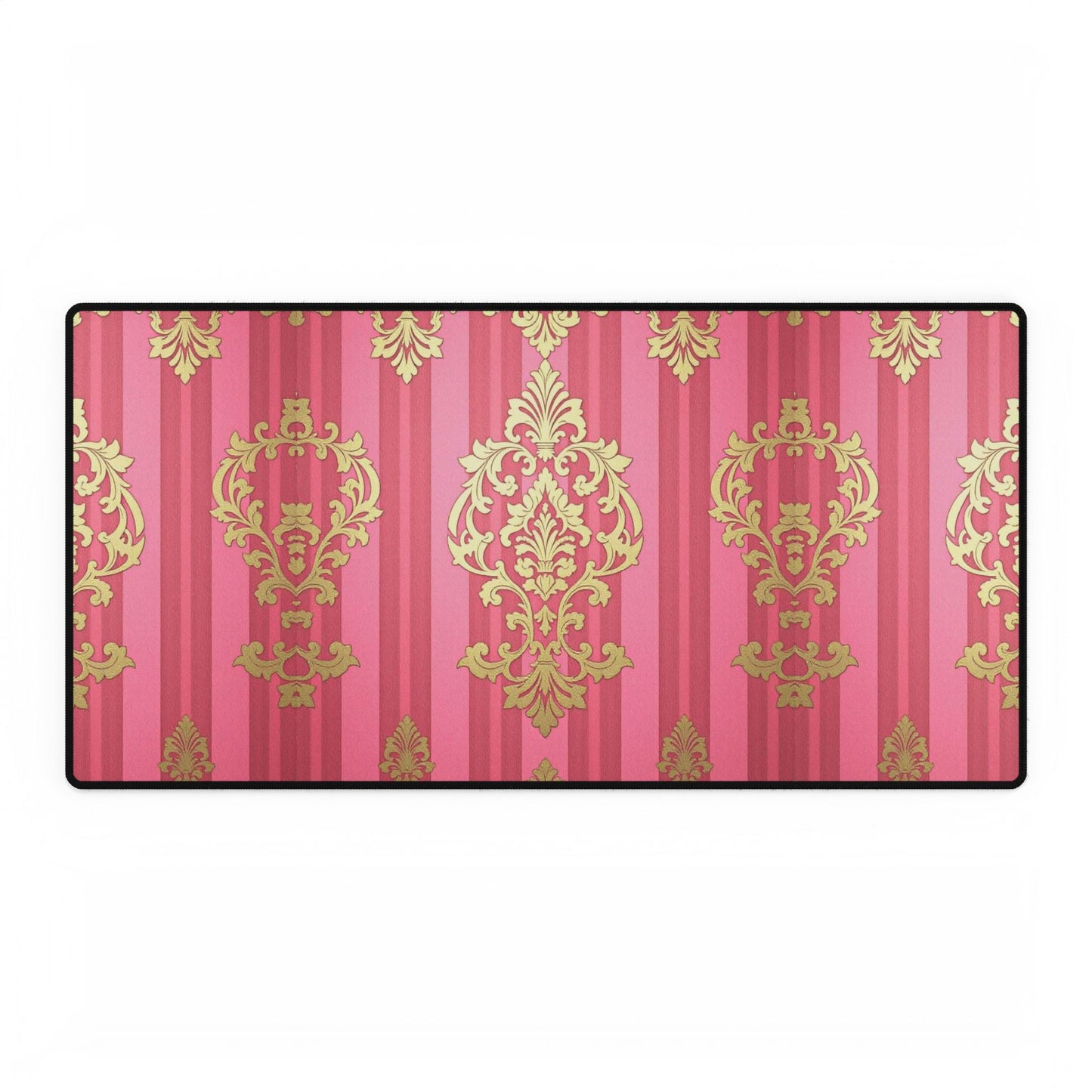 Elegant Floral Motif Desk Mat for Home Office Decor - Pink Striped Gold Damask