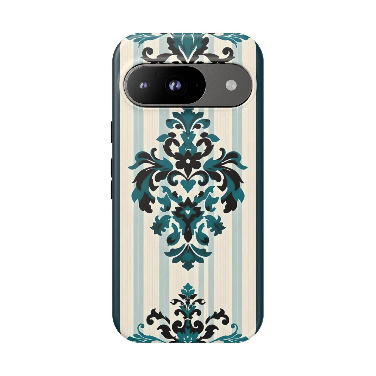 Elegant Floral Phone Case - Tough Cases with Vintage Design - Teal Striped Damask