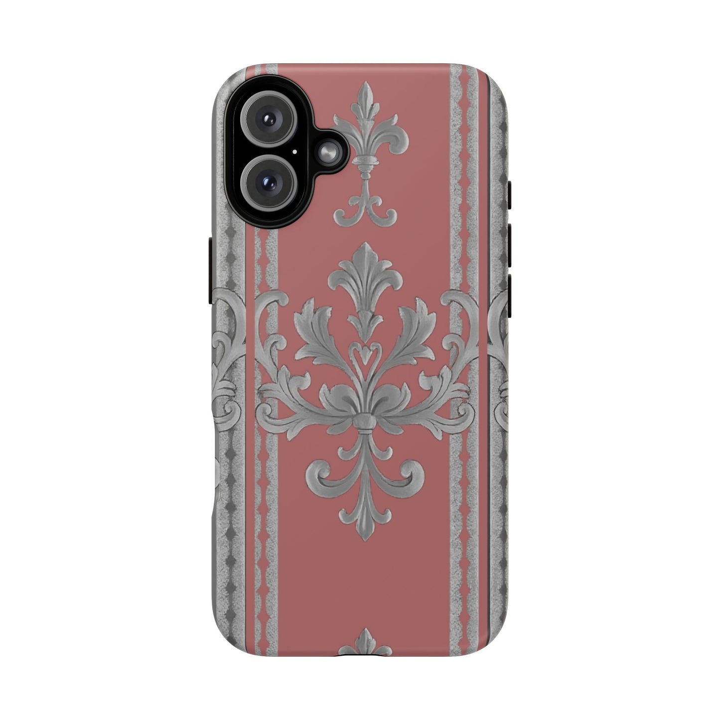 Elegant Floral Phone Case - Tough Cases for Stylish Protection - Gray & Mauve Striped Baroque
