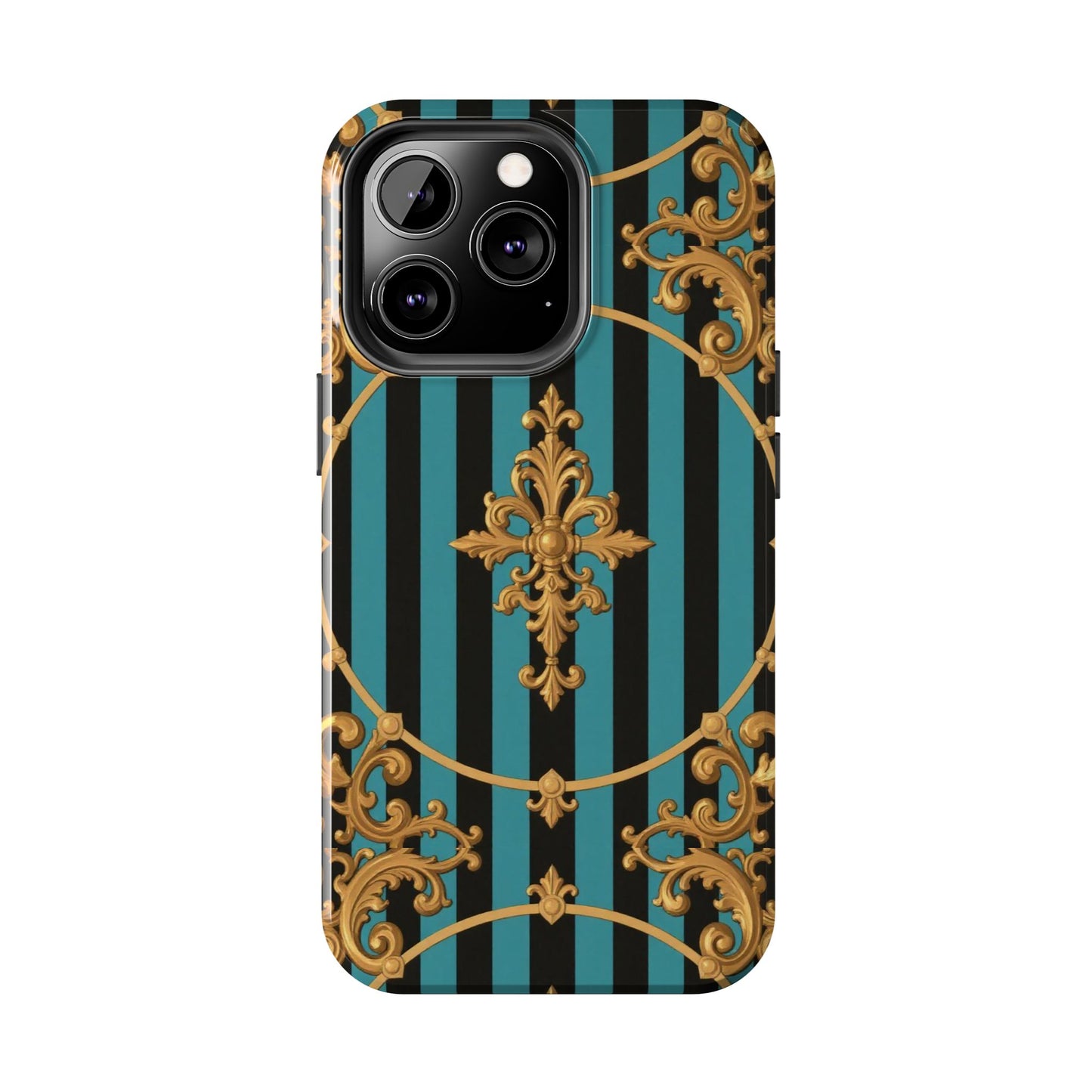 Elegant Turquoise & Black Striped Gold Baroque Phone Case, Tough Phone Cases for Fashion Lovers, Gift for Her, Luxury Accessories