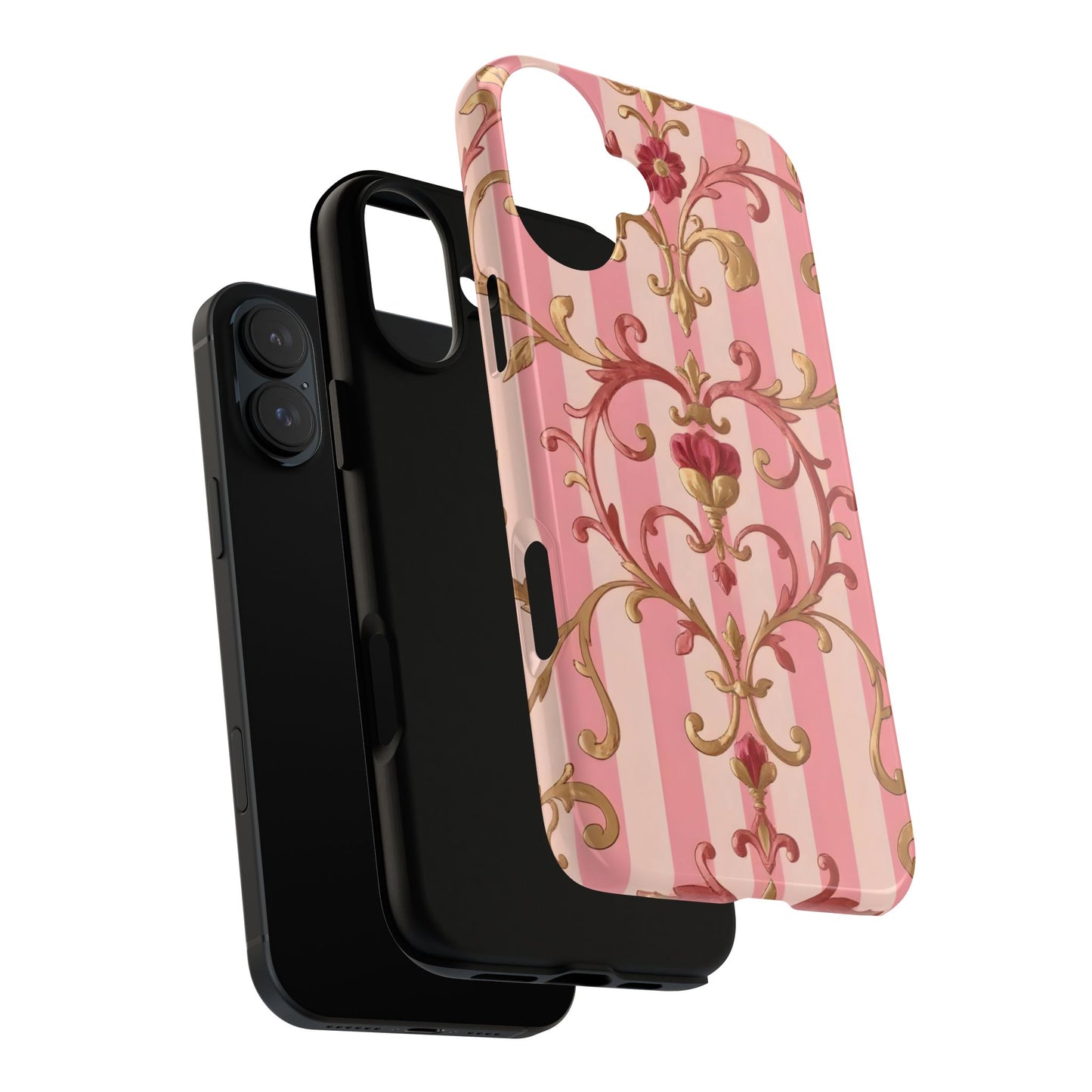 Elegant Floral Motif Phone Case - Tough Cases with Vintage Design - Pink Striped Rose Gold Damask