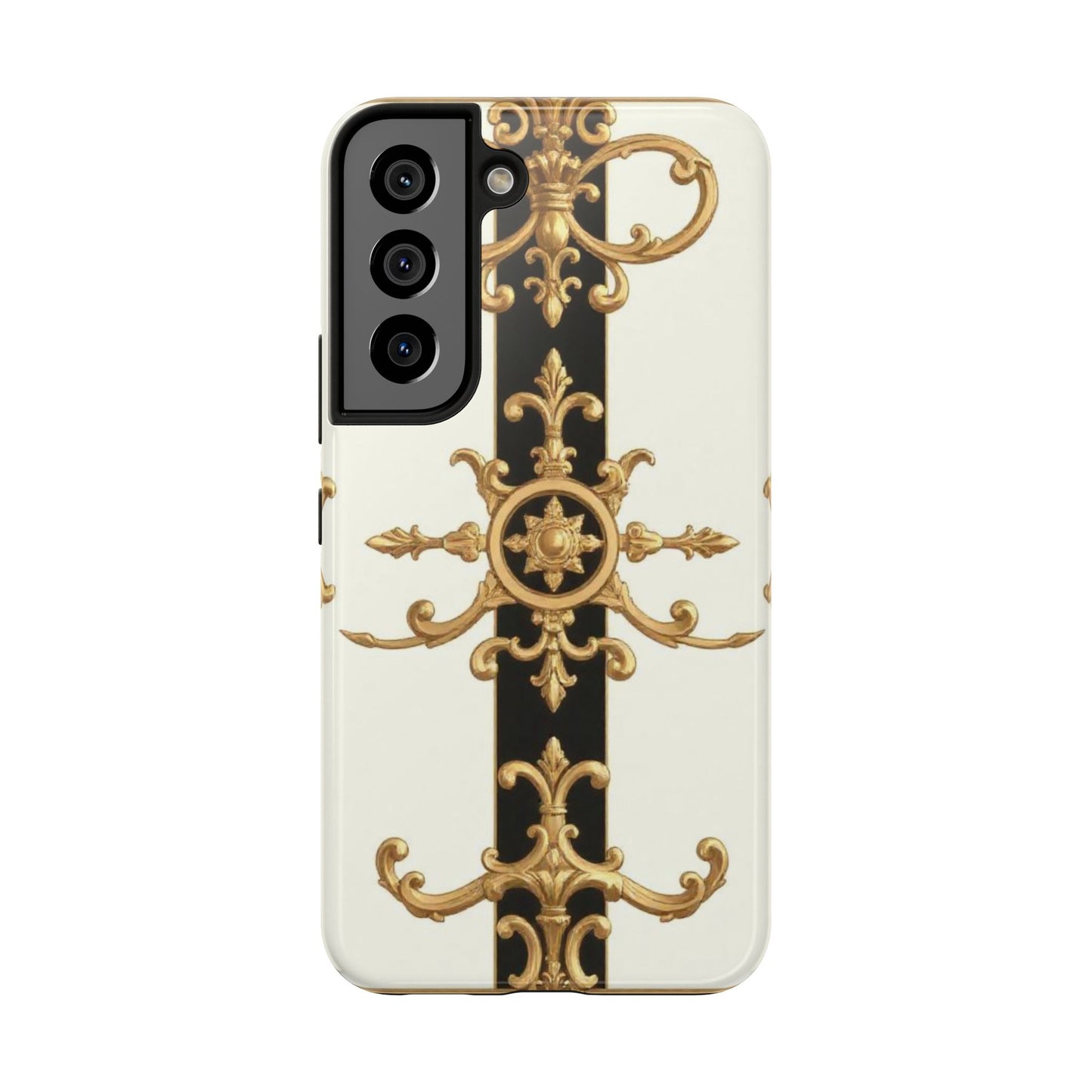 Elegant Baroque Tough Phone Case | Stylish Protection for Your Device, Gift for Her, Phone Accessories - Black & White Striped Gold Baroque