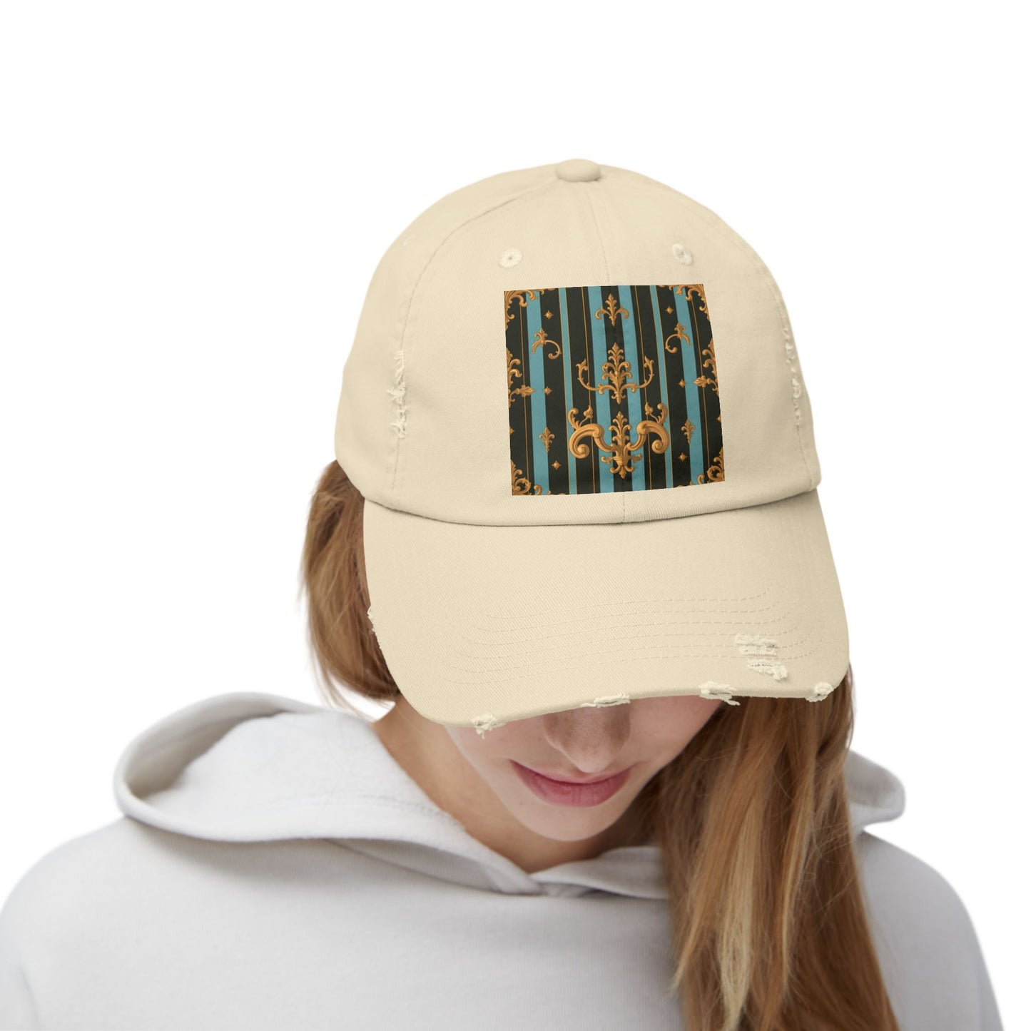 Vintage-Inspired Unisex Distressed Cap with Elegant Stripes and Ornate Design, Casual Hat for Fashion Lovers - Black & Turquoise Striped Baroque