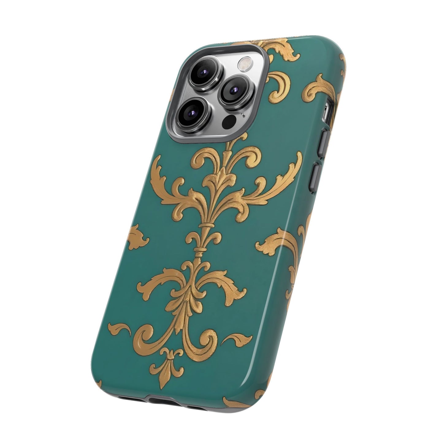Elegant Floral Motif Phone Case - Tough Cases with Vintage Design - Aqua & Gold Damask