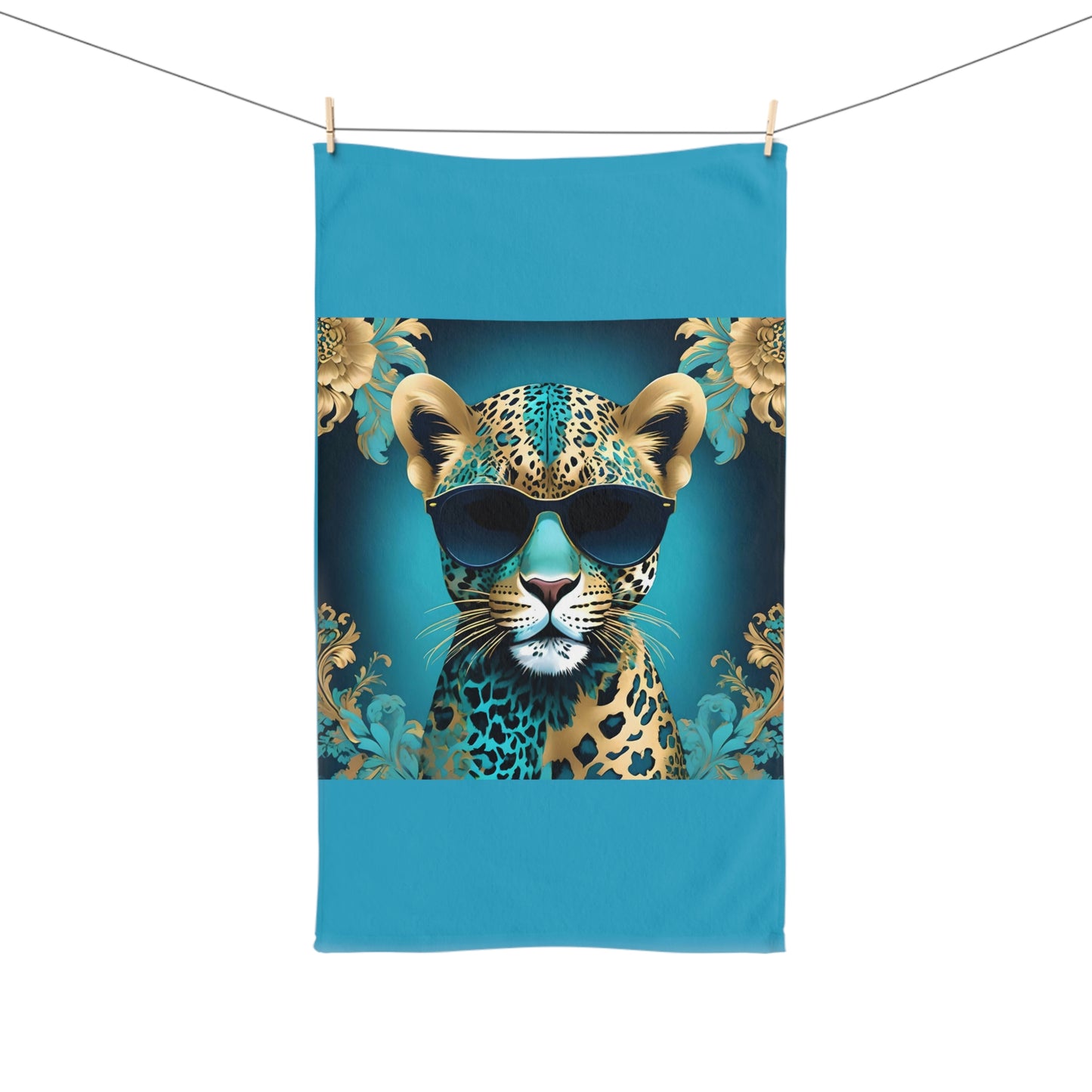 Hand Towel - Luxurious Ornate Elegant Aqua & Gold Leopard In Sunglasses Design - Elegant Home Décor