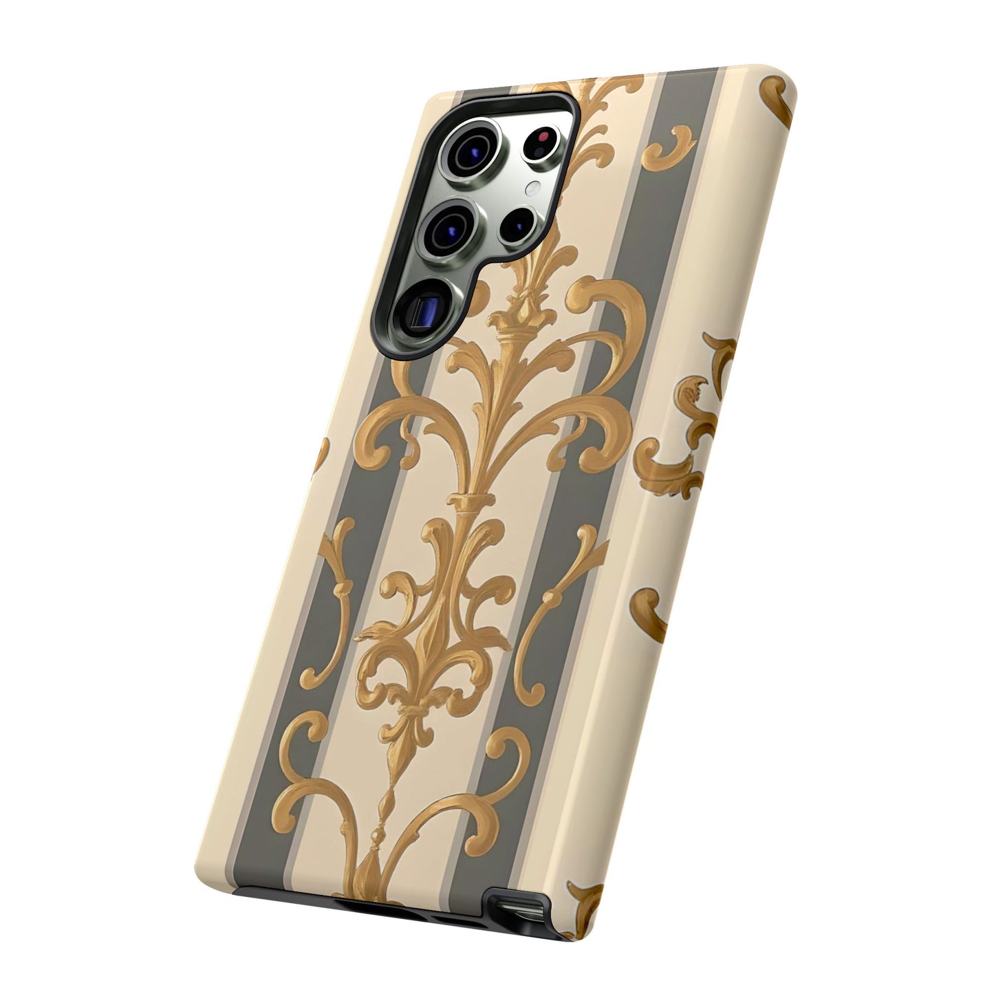 Elegant Floral Motif Phone Case - Tough Cases with Vintage Design - Dusk Olive Striped Gold Damask