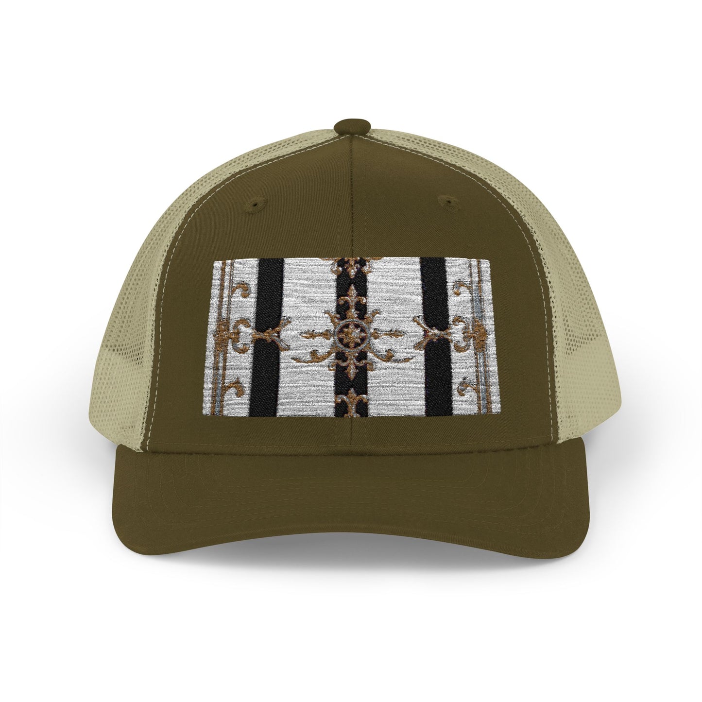 Trendy Snapback Trucker Cap, Casual Fashion Hat, Summer Accessory, Gift Idea for Cool Teens, Outdoor Activities - Black & White Striped Gold Baroque