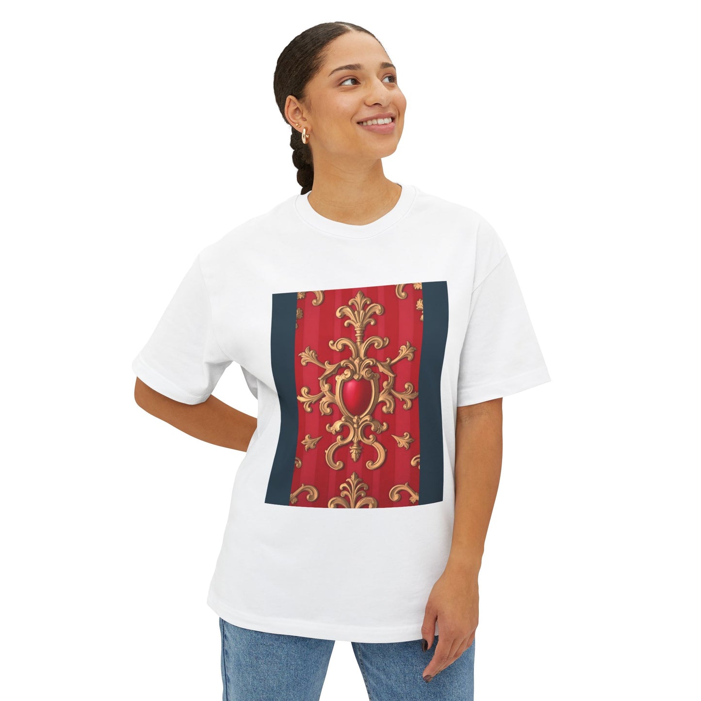 Elegant Vintage Design Oversized Tee, Boho T-Shirt, Festival Top, Unique Gift, Trendy Casual Wear - Blue, Red & White Striped Baroque