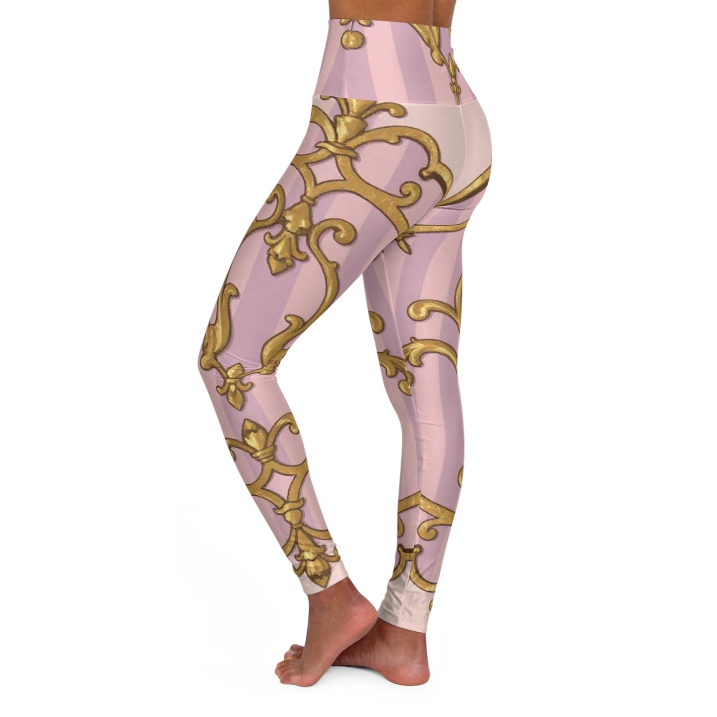 Elegant Lavender & Alabaster Striped Gold Baroque High Waisted Yoga Leggings, Workout Leggings, Fitness Wear, Athleisure, Gift for Her