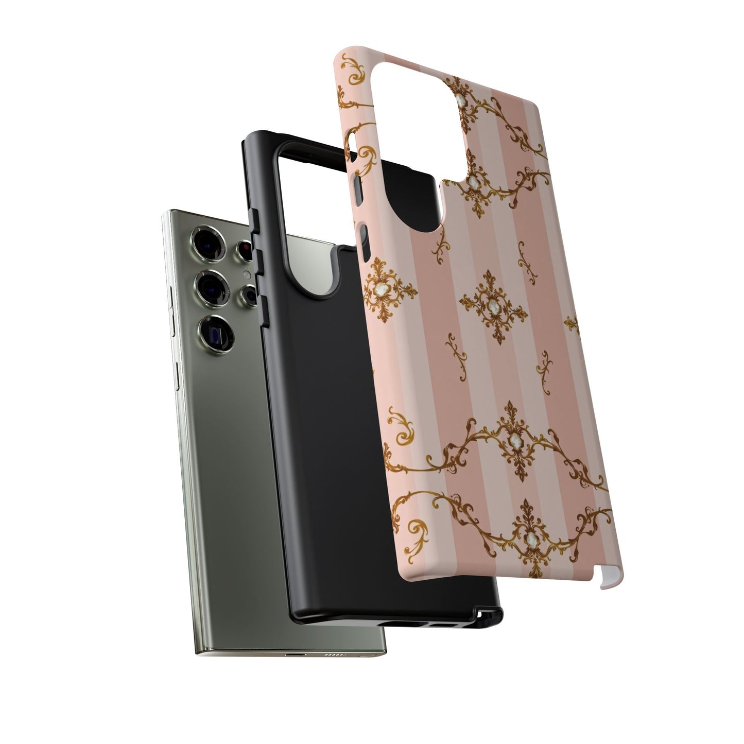 Elegant Floral Phone Case, Tough Cases for Women, Trendy Phone Cover, Chic Gift - Pink Jeweled Striped Gold Baroque