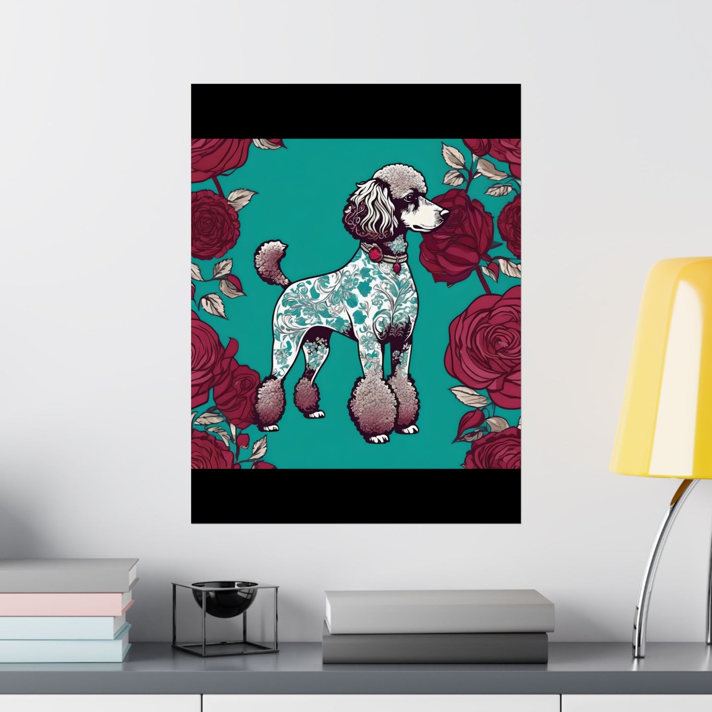 Vertical Poster - Elegant Matte Floral Art Wall Decor - Damask Aqua & White Poodle With Burgundy Roses