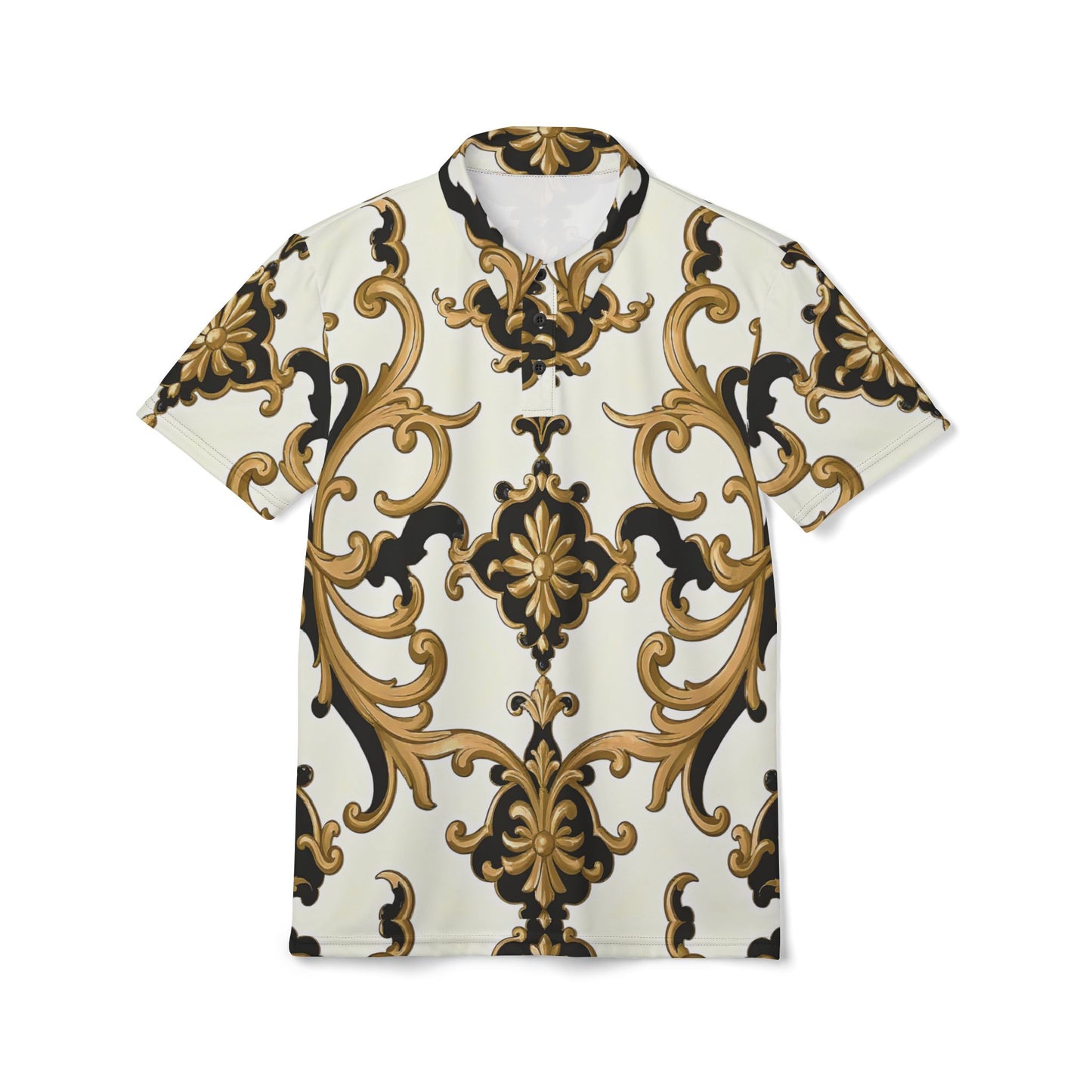 Elegant Baroque Pattern Polo Shirt, Stylish Casual Wear, Spring Fashion, Gift for Him, Unique Polo Top - Black & Gold Rococo