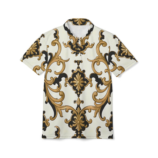 Elegant Baroque Pattern Polo Shirt, Stylish Casual Wear, Spring Fashion, Gift for Him, Unique Polo Top - Black & Gold Rococo