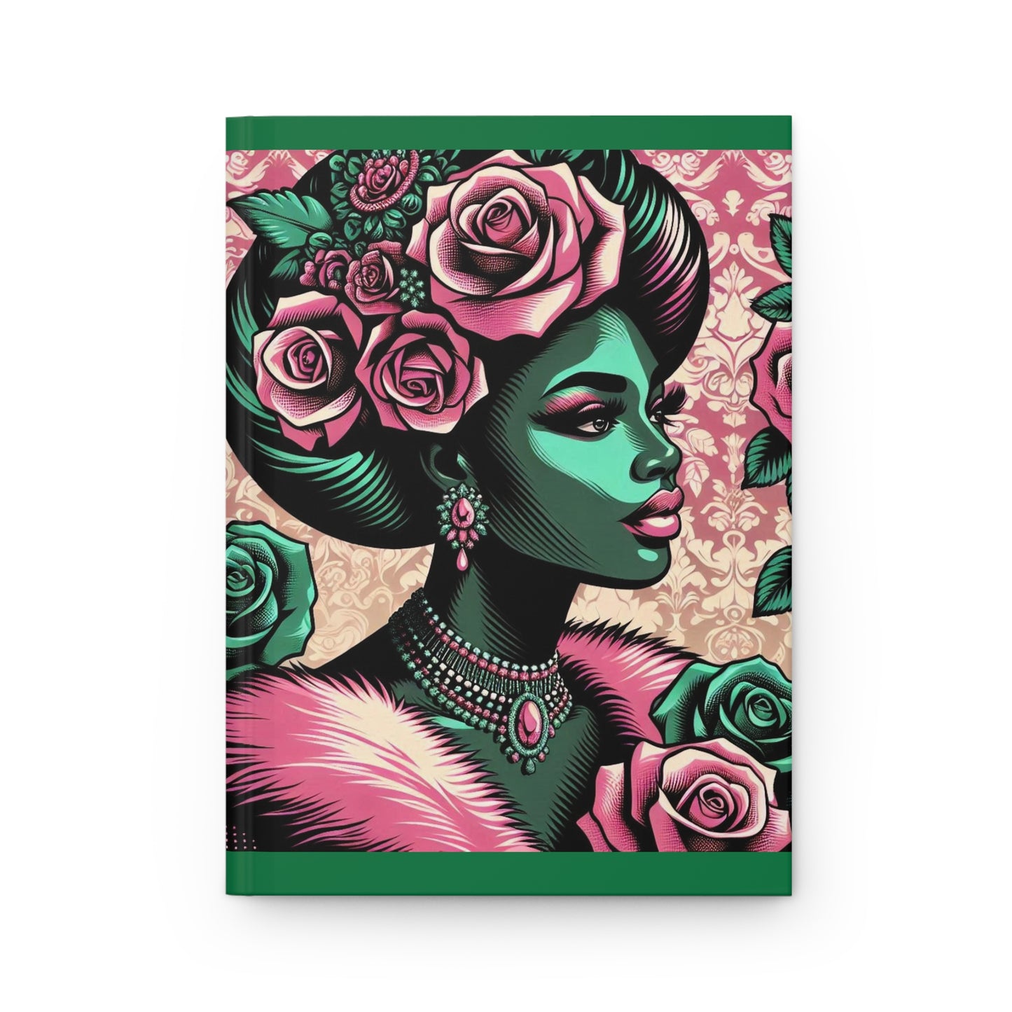 Elegant Floral Hardcover Journal - Stylish Writing Notebook - Emerald Green Lady With Roses & Damask Design