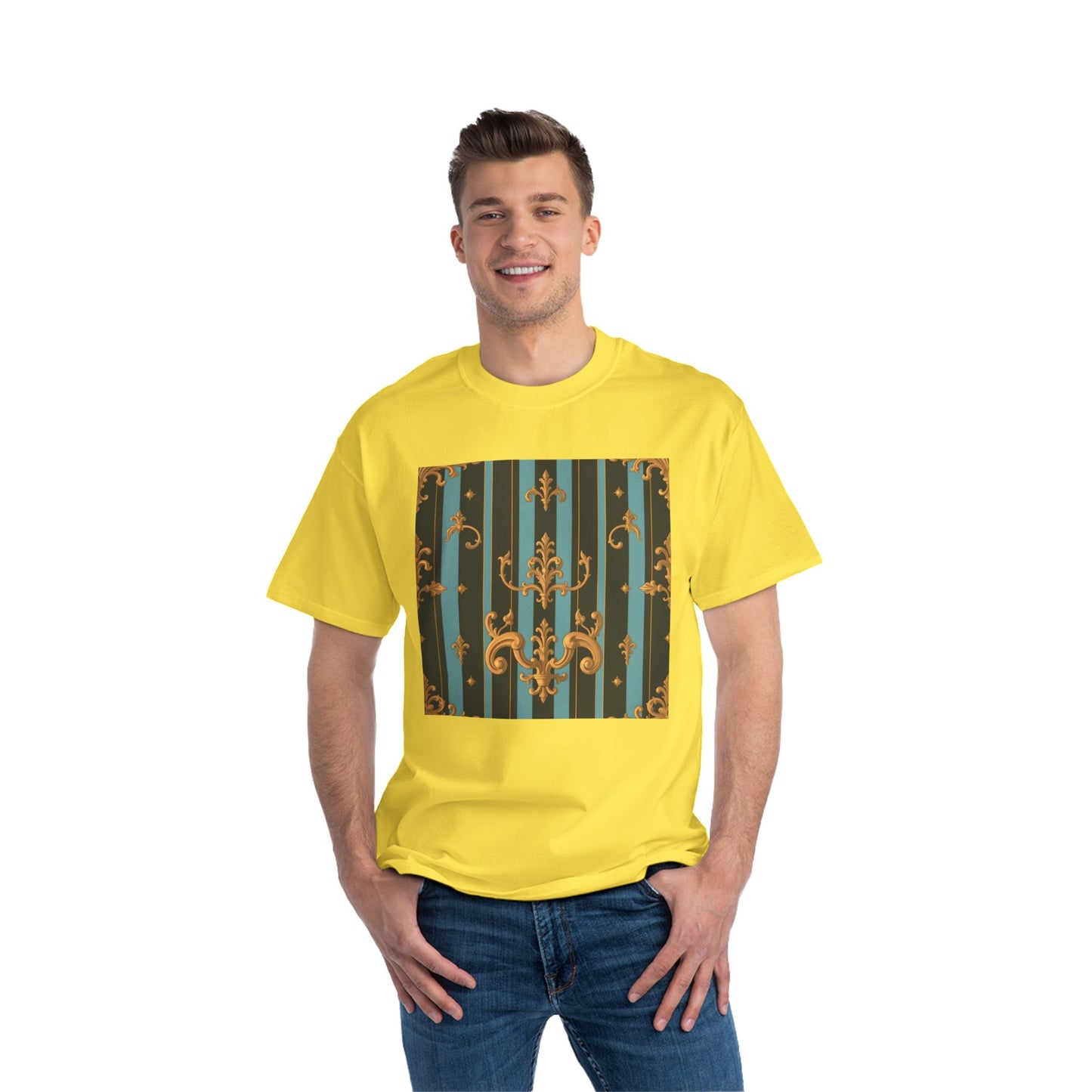 Elegant Vintage Pattern T-Shirt, Stylish Tee for Everyday Wear, Retro Design Shirt, Perfect Gift for Art Lovers - Black & Turquoise Striped Baroque