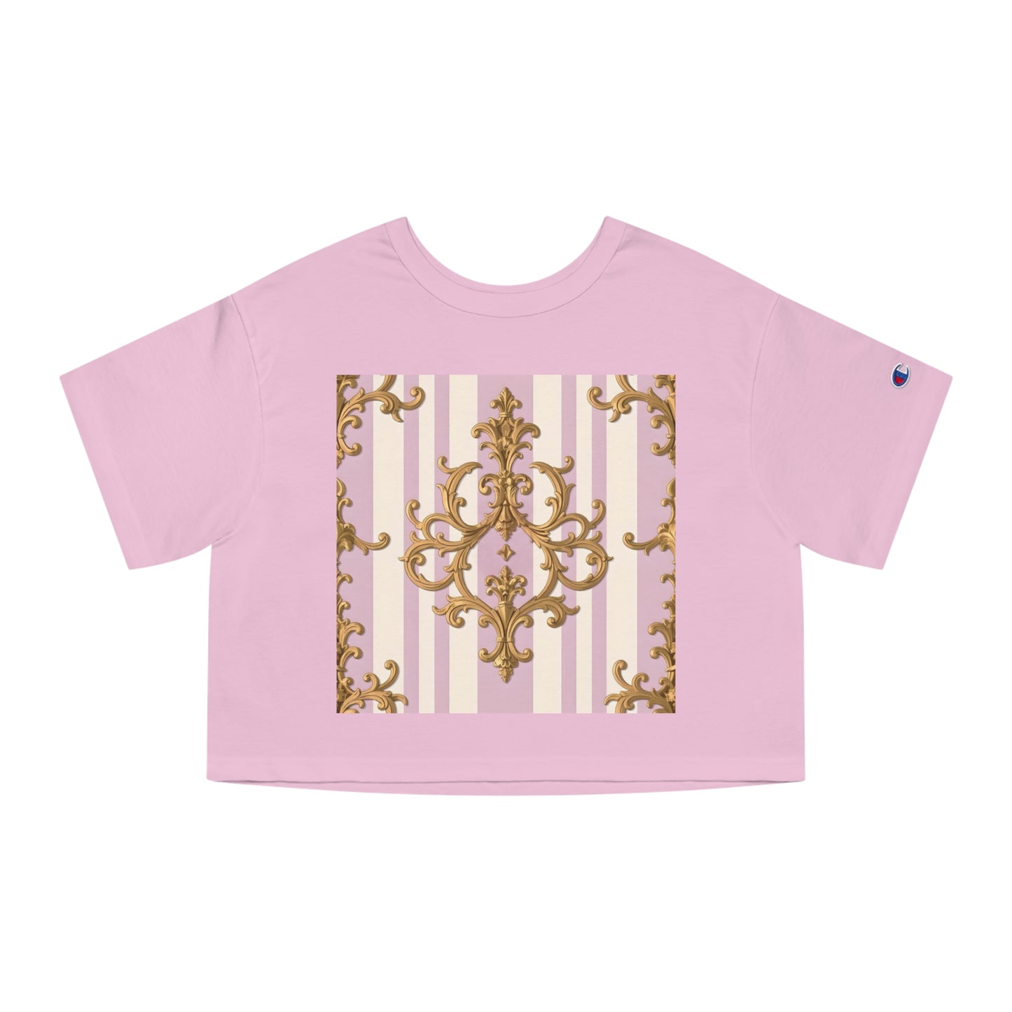 Chic Heritage Cropped T-Shirt | Stylish Graphic Tee, Vintage-Inspired, Casual Top, Summer Fashion, Gift for Her - Lilac & Alabaster Striped Gold Baroque