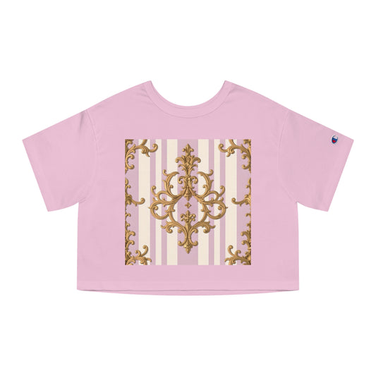 Chic Heritage Cropped T-Shirt | Stylish Graphic Tee, Vintage-Inspired, Casual Top, Summer Fashion, Gift for Her - Lilac & Alabaster Striped Gold Baroque