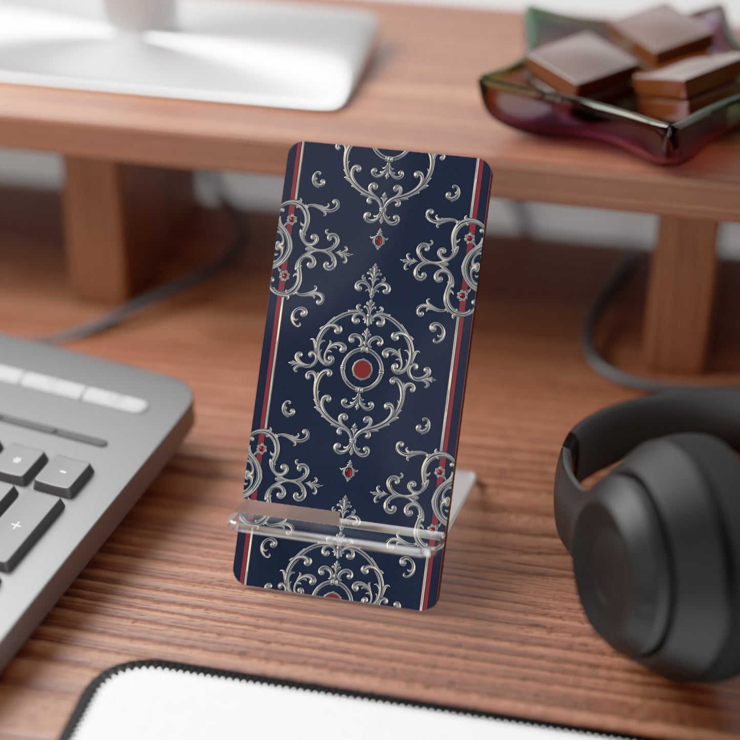 Elegant Smartphone Display Stand | Trendy Desk Organizer, Decorative Phone Holder, Gift for Tech Lovers - Blue & Red Striped Silver Baroque