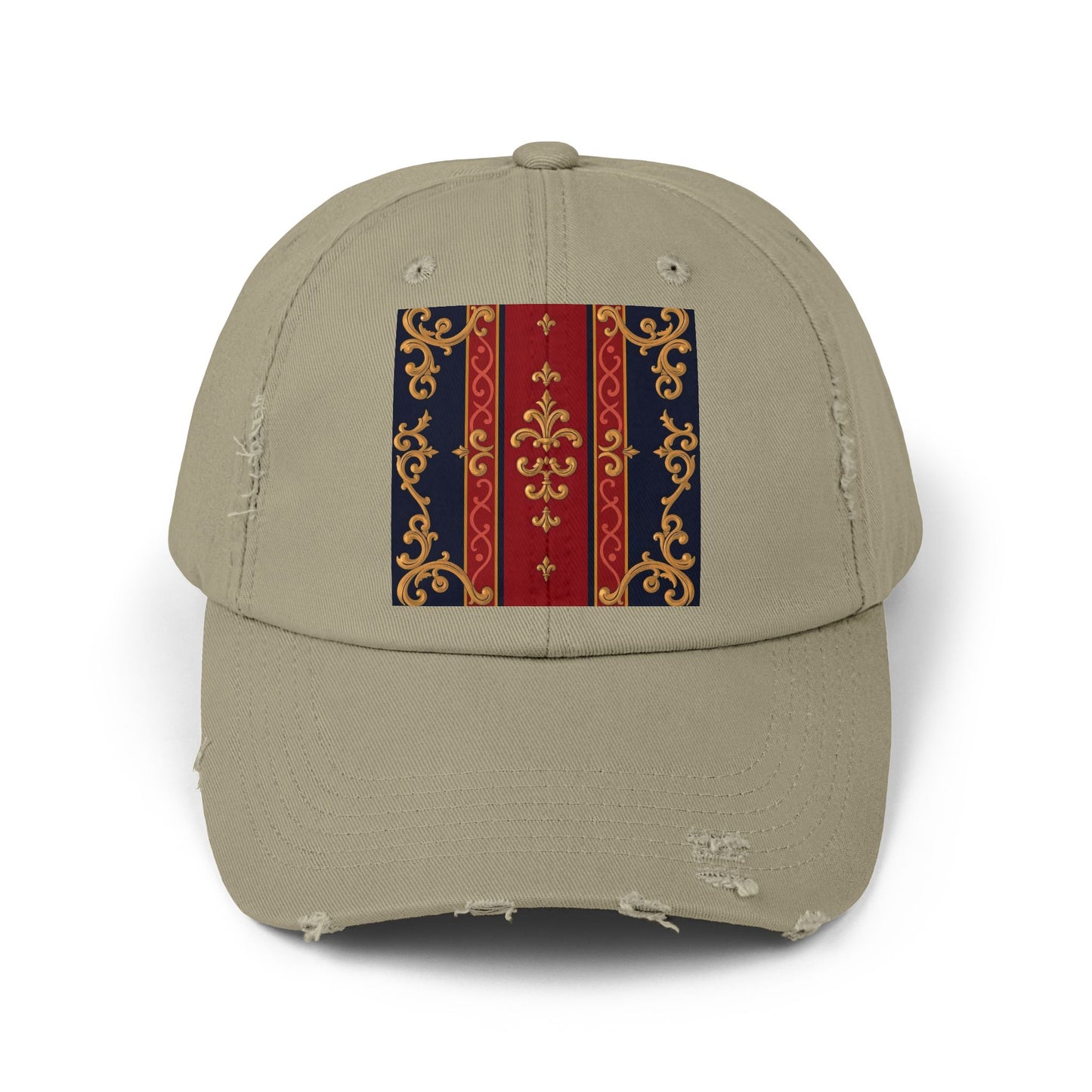 Vintage-Inspired Distressed Cap, Stylish Hat, Perfect Gift for Friends, Fashion Accessory, Unisex Headwear - Midnight Blue & Dusk Red Gold Baroque