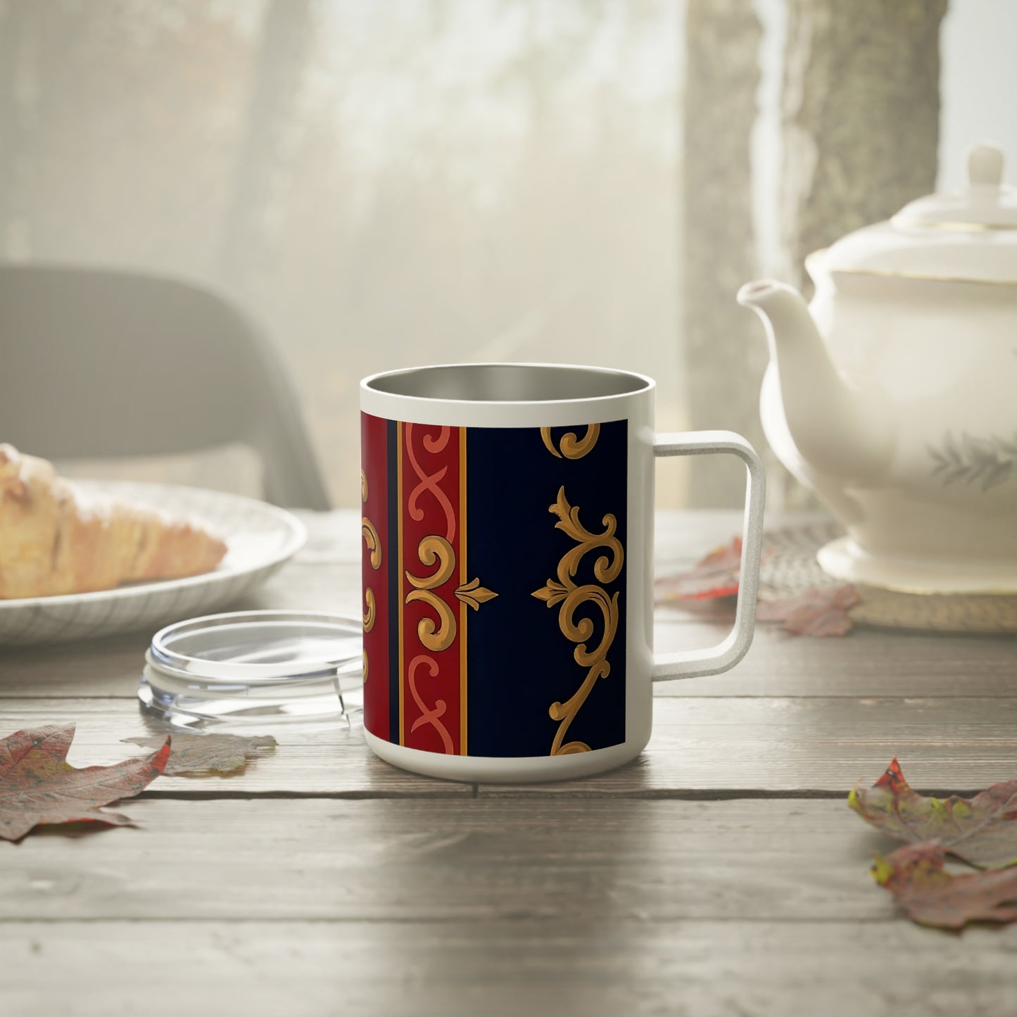 Elegant Insulated Coffee Mug - 10oz, Decorative Travel Mug, Luxe Hot Drink Cup, Stylish Housewarming Gift - Midnight Blue & Dusk Red Gold Baroque