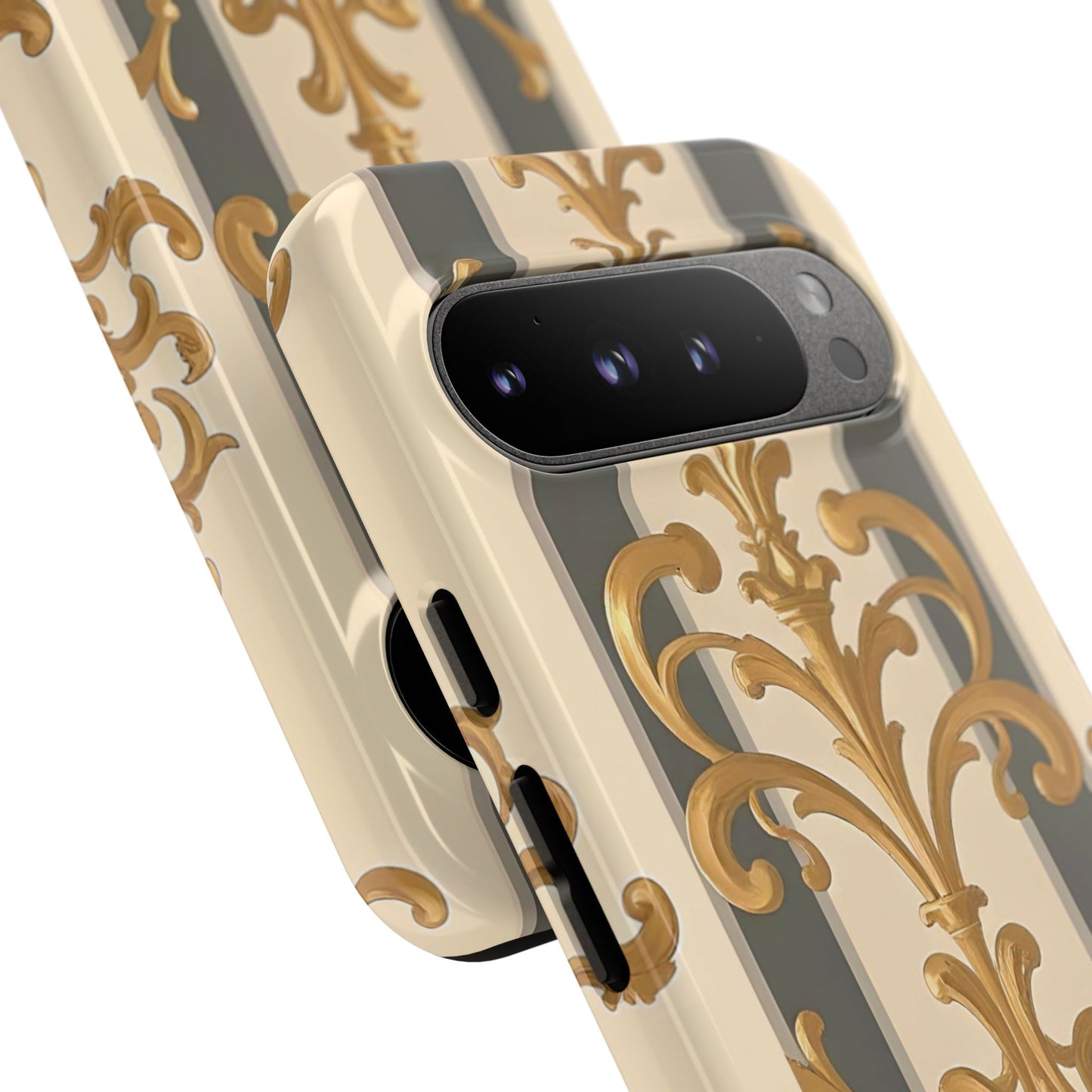 Elegant Floral Motif Phone Case - Tough Cases with Vintage Design - Dusk Olive Striped Gold Damask