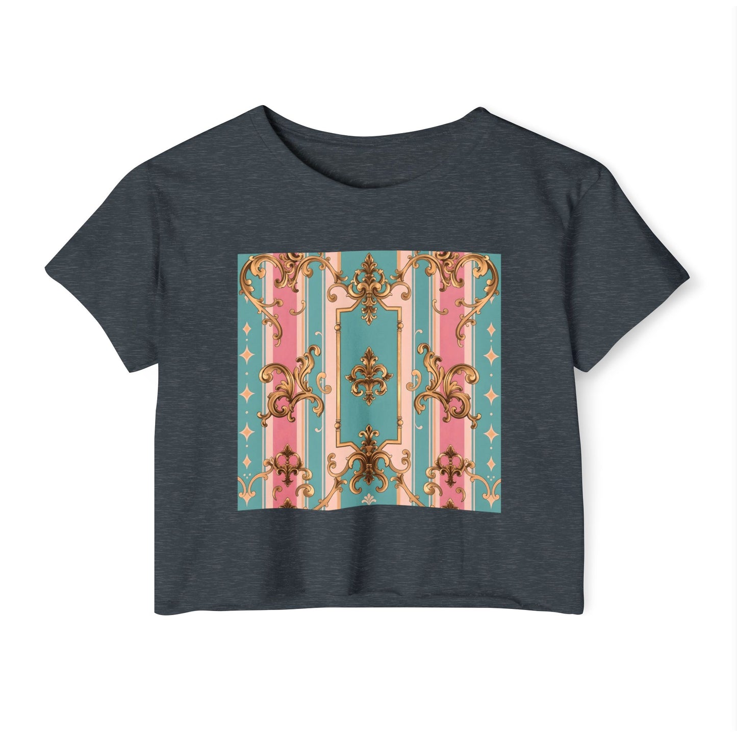 Rococo Festival Crop Top, Summer Crop Tee, Music Festival Clothing, Trendy Women's Fashion - Pink & Matte Turquoise Striped Rococo