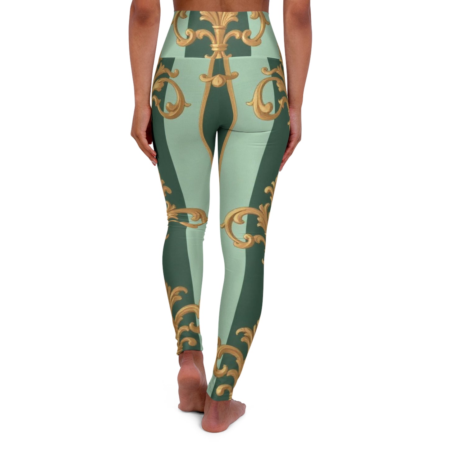 Chic High Waisted Yoga Leggings - Elegant Green Pattern, Workout, Athleisure, Fitness Fashion - Mint Green & Teal Striped Gold Baroque