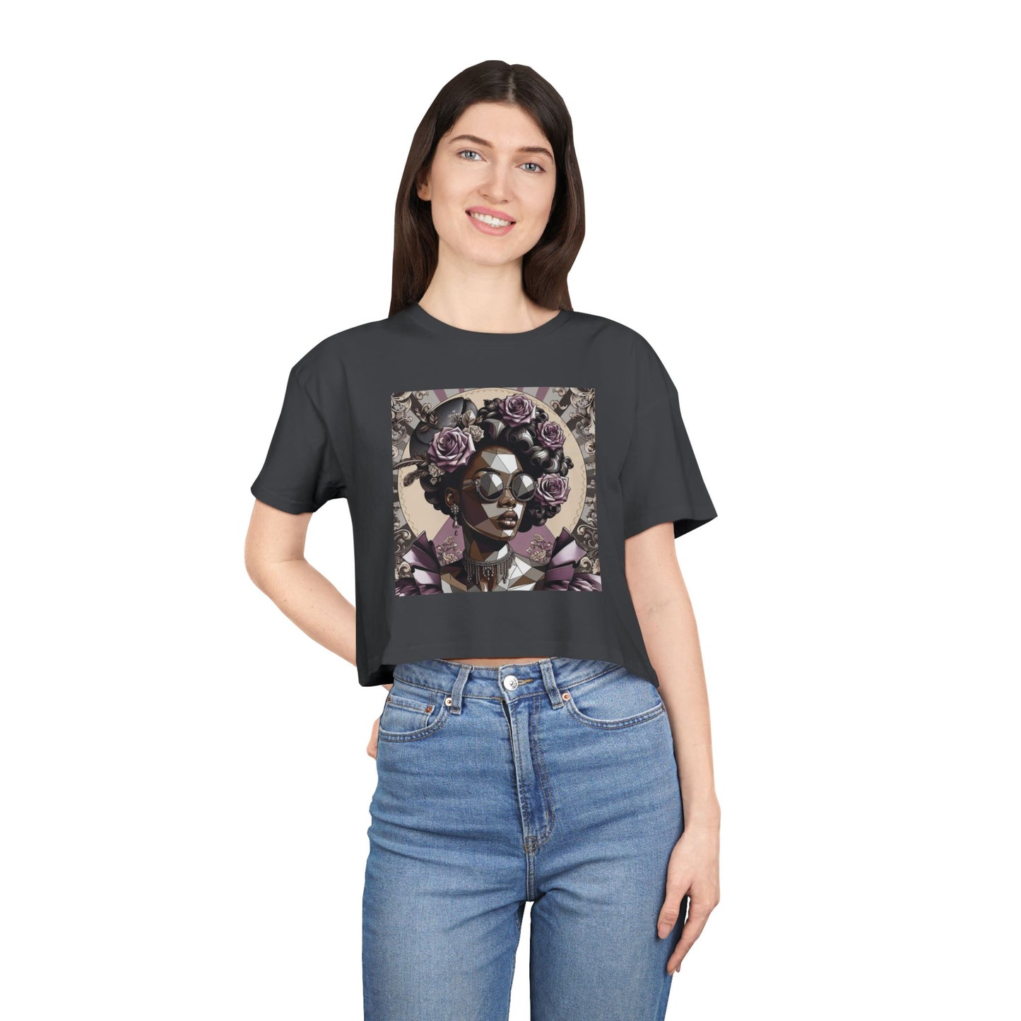 Poly Art Chic Women's Crop Tee - Floral Art Inspired Shirt, Casual Summer Wear, Festival Top, Vintage Style - Lilac Baroque Lady