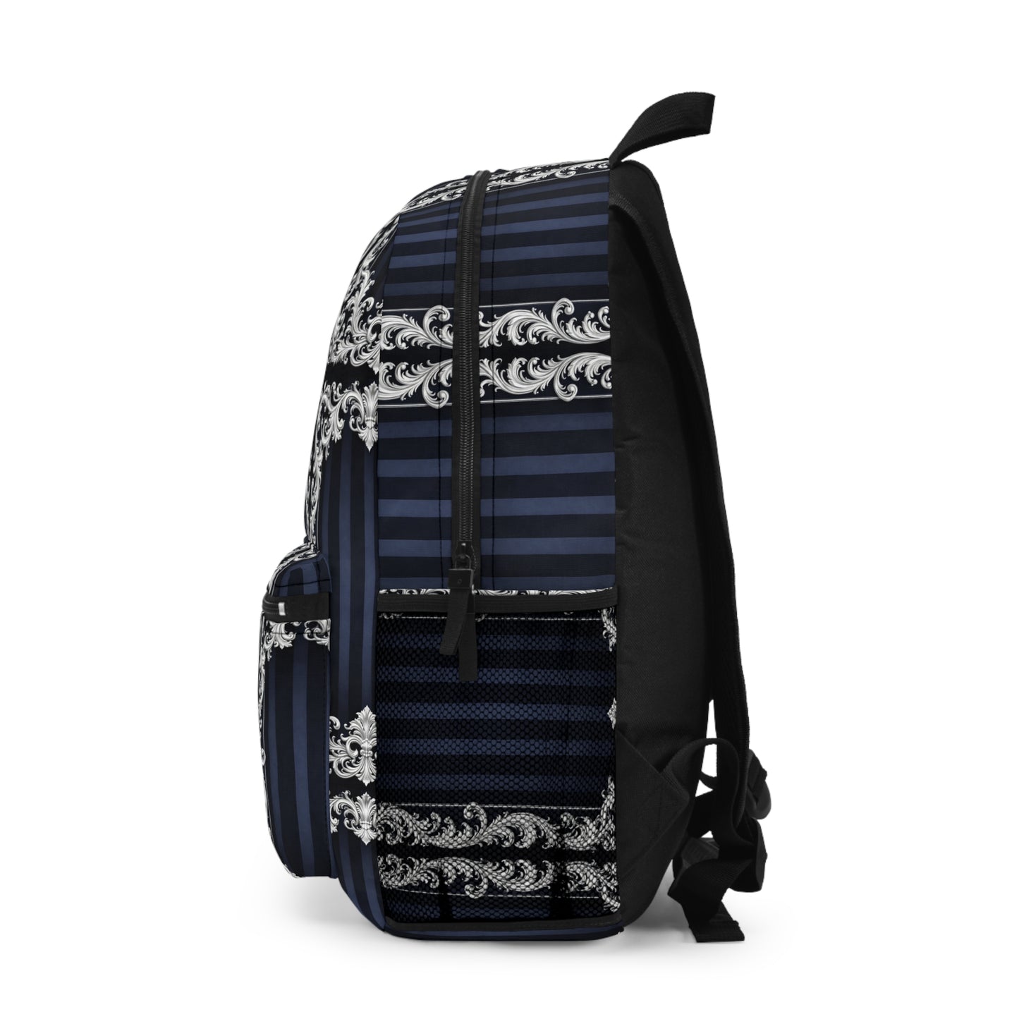 Navy Stripes & Baroque Backpack — Vintage Ornate Scroll Pattern, Navy & Silver