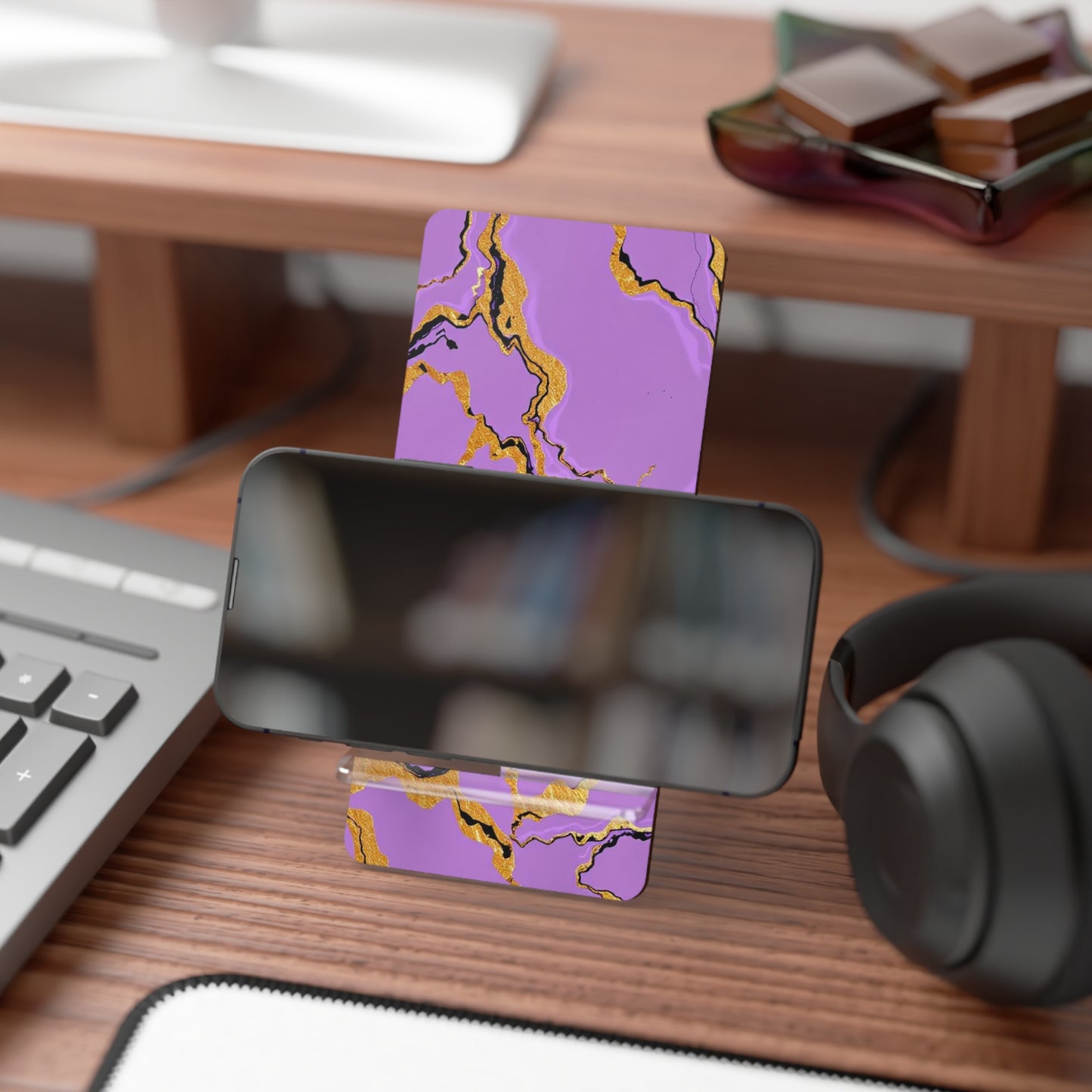 Chic Smartphone Stand, Elegant Mobile Display Holder, Purple Marble Desk Accessory, Ideal Gift for Tech Lovers, Home Office Decor